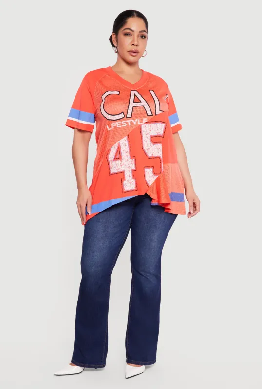 Plus Size Oversized Cali 45 Patchwork Graphic Mesh Jersey sold by Rainbow