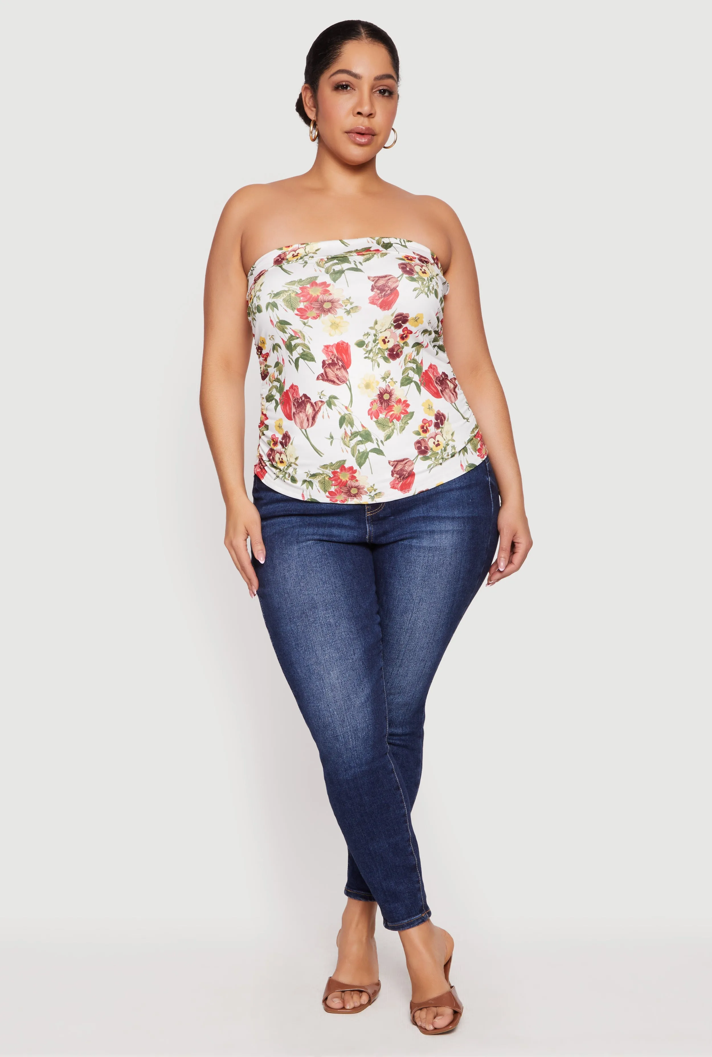 Plus Size Floral Print Side Ruched Tube Top sold by Rainbow