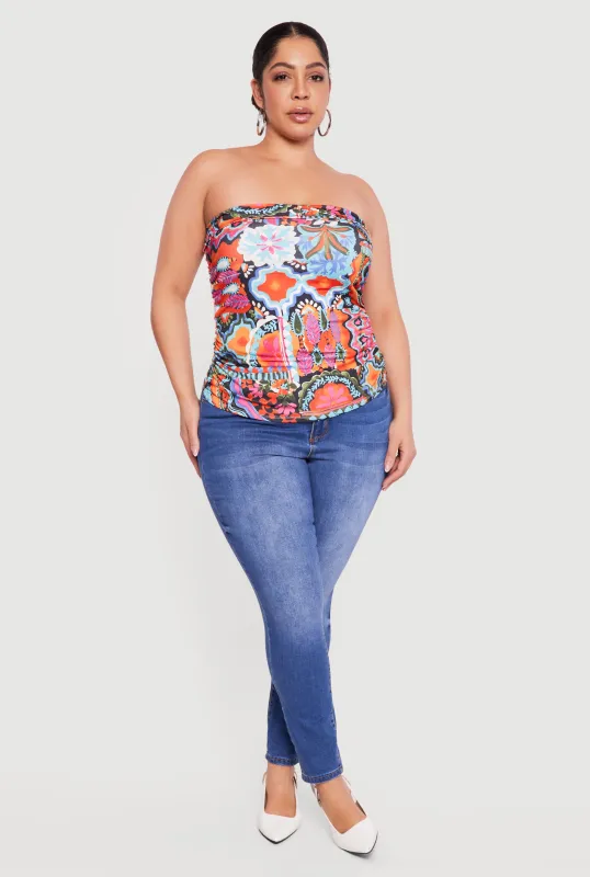 Plus Size Floral Print Side Ruched Tube Top sold by Rainbow