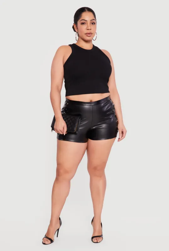 Plus Size Faux Leather High Waisted Lace Up Shorts sold by Rainbow