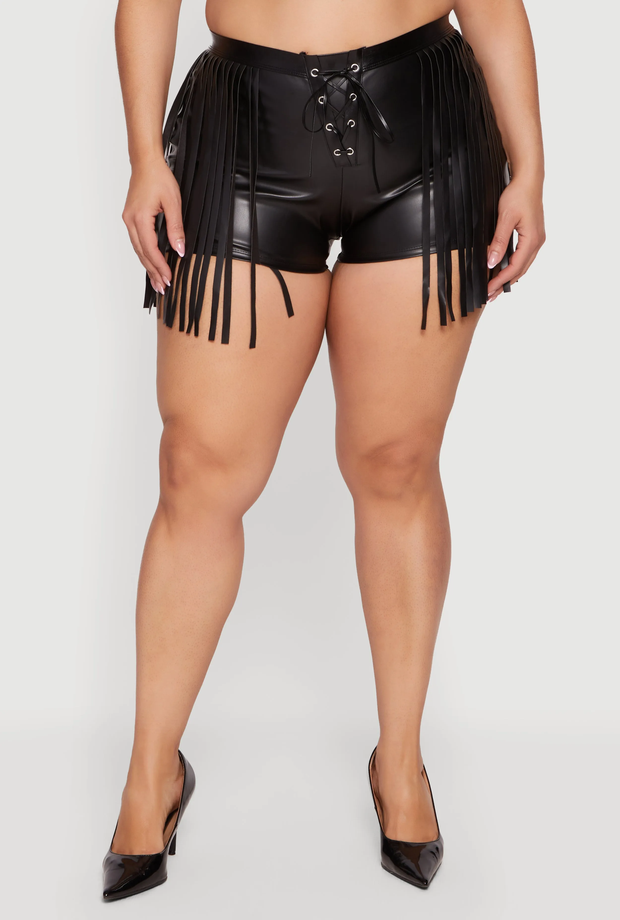 Plus Size Faux Leather Lace Up Front Fringe Side Shorts sold by Rainbow product image thumbnail 3