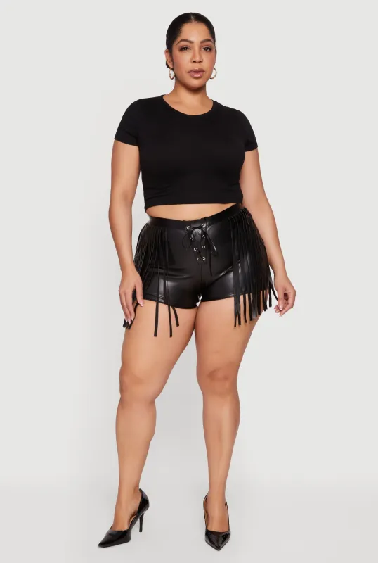 Plus Size Faux Leather Lace Up Front Fringe Side Shorts made by Rainbow