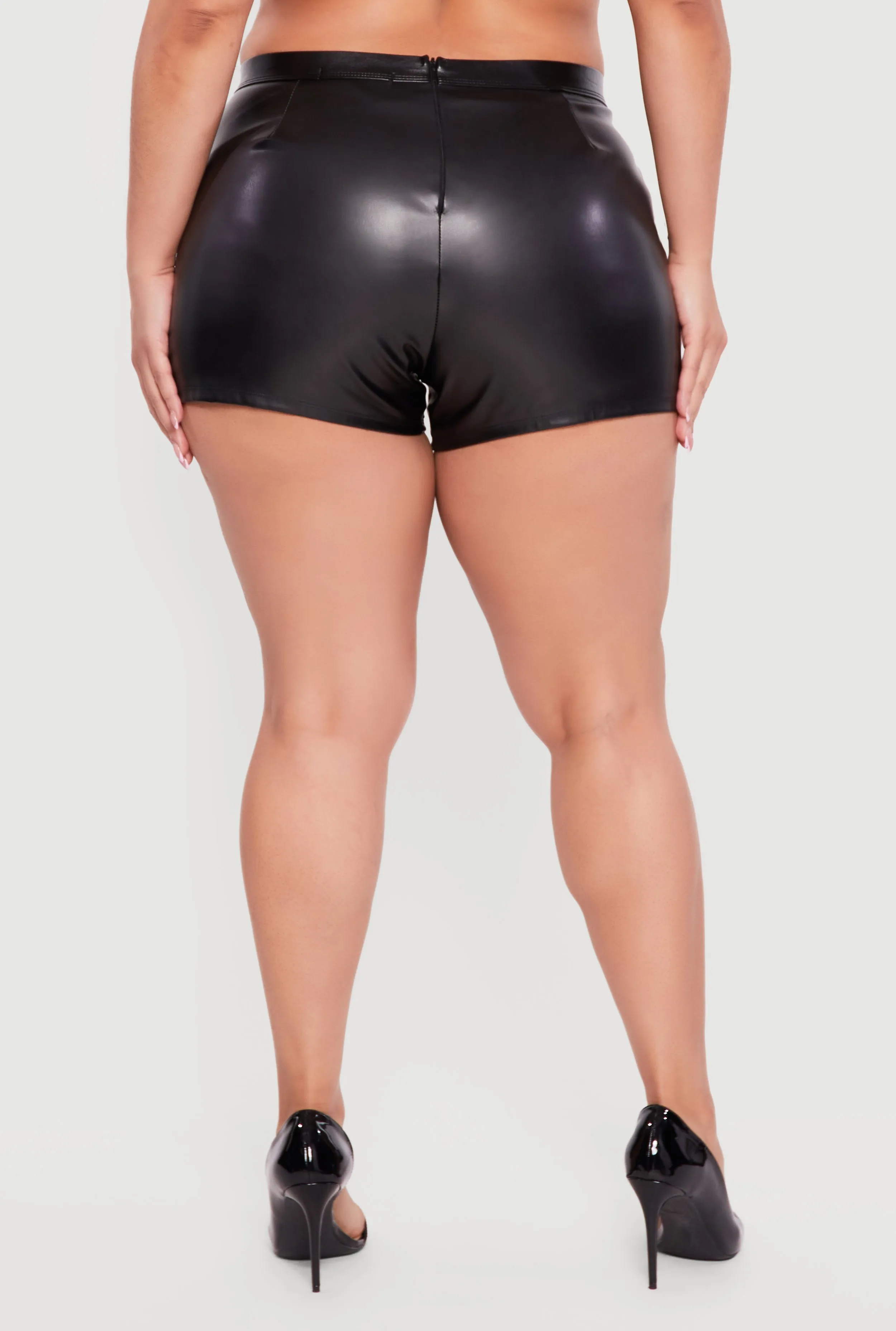 Plus Size Faux Leather High Waisted Lace Up Shorts sold by Rainbow product image thumbnail 5