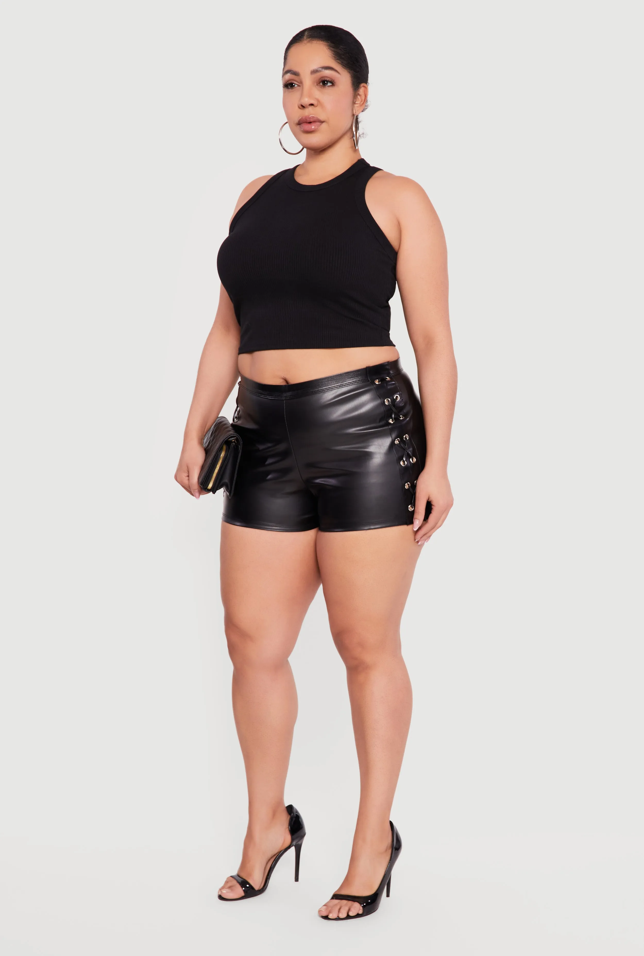 Plus Size Faux Leather High Waisted Lace Up Shorts sold by Rainbow product image thumbnail 2