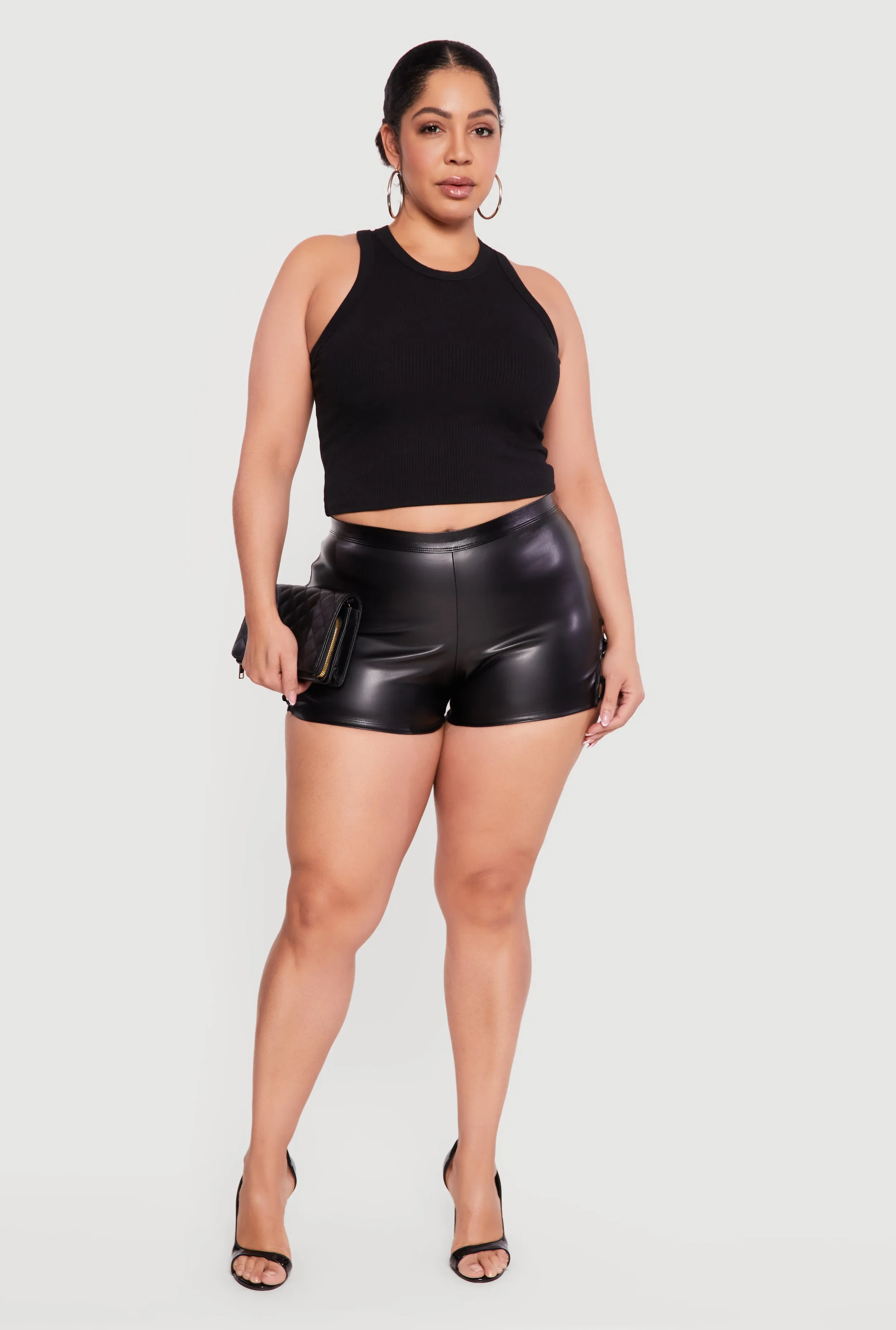 Plus Size Side Caged Faux Leather Shorts sold by Rainbow