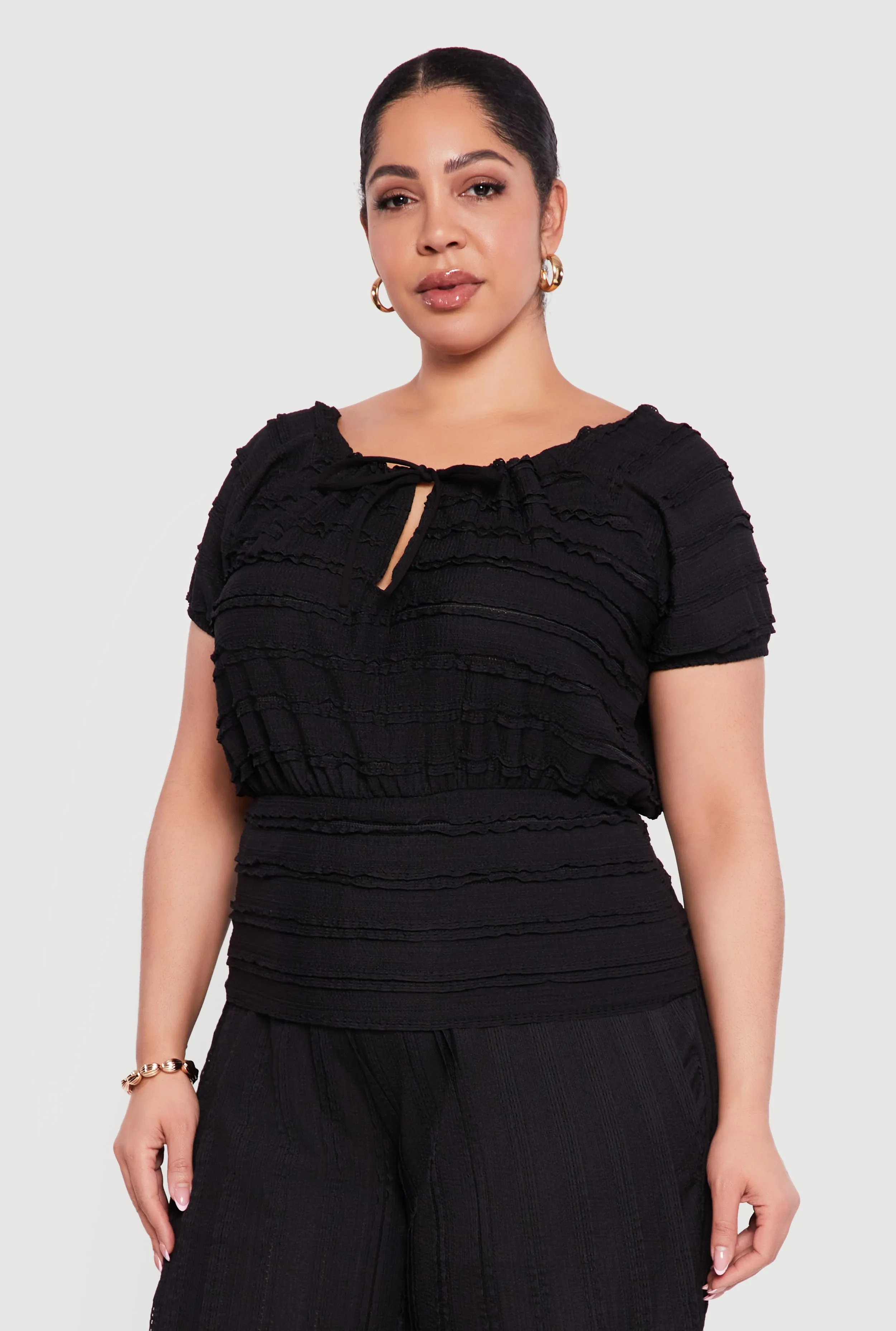 Plus Size Tie Front Keyhole Cinched Waist Ruffle Blouse sold by Rainbow