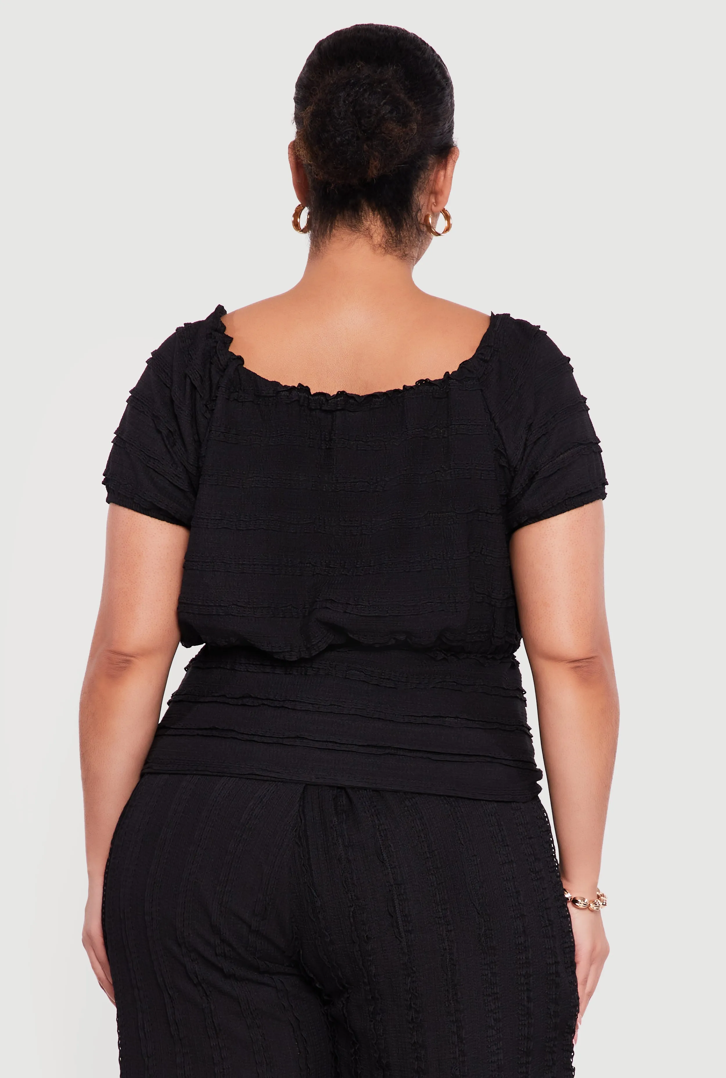 Plus Size Tie Front Keyhole Cinched Waist Ruffle Blouse sold by Rainbow product image thumbnail 5