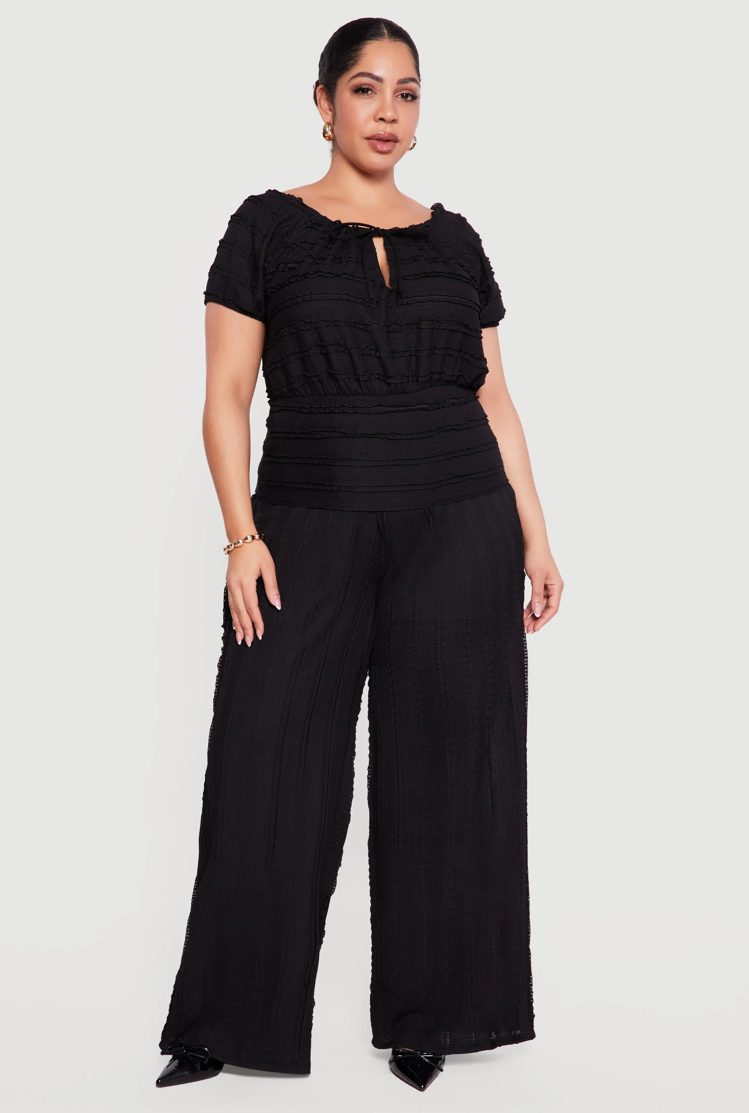 Plus Size Tie Front Keyhole Cinched Waist Ruffle Blouse sold by Rainbow product image thumbnail 2