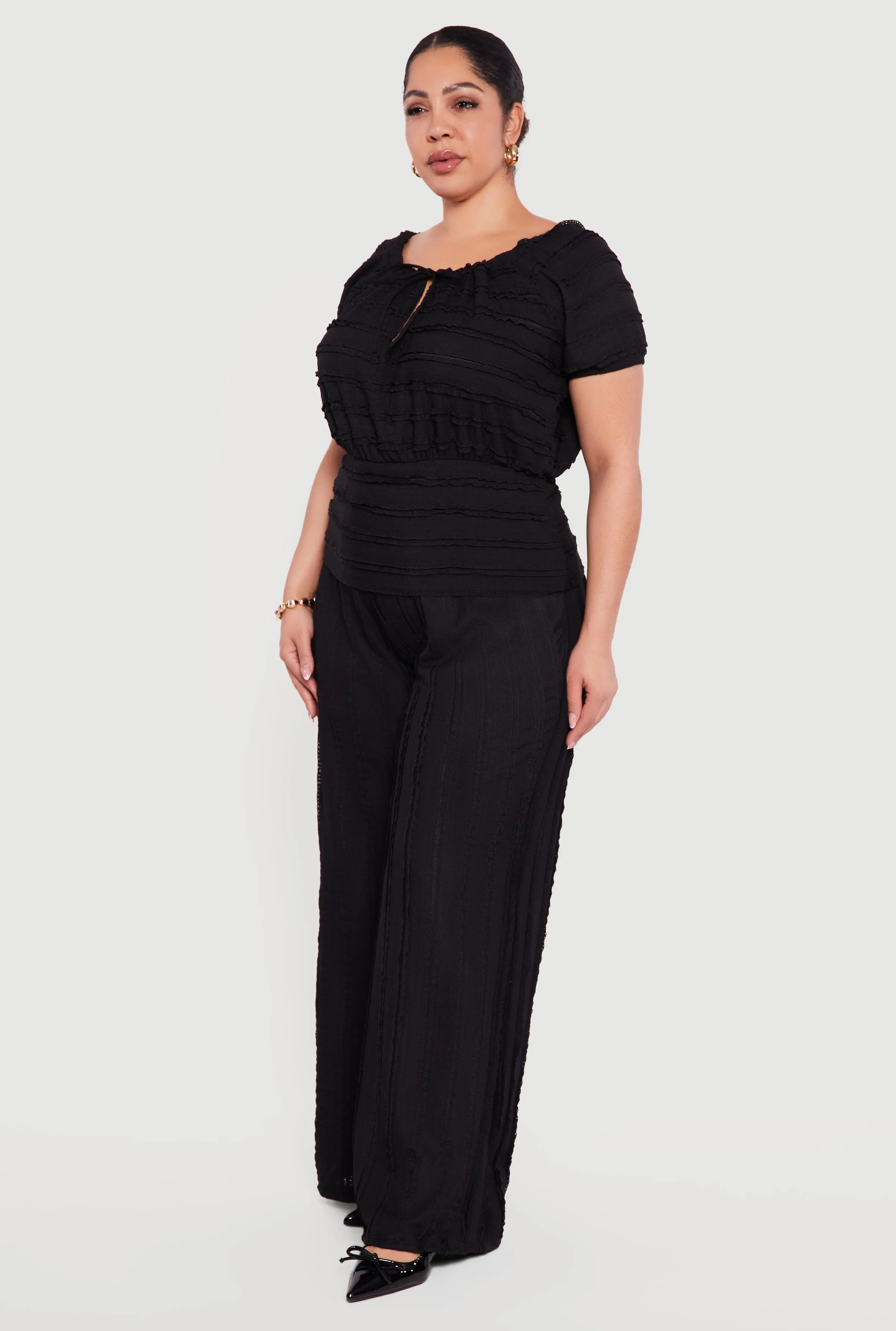 Plus Size Tie Front Keyhole Cinched Waist Ruffle Blouse sold by Rainbow product image thumbnail 3