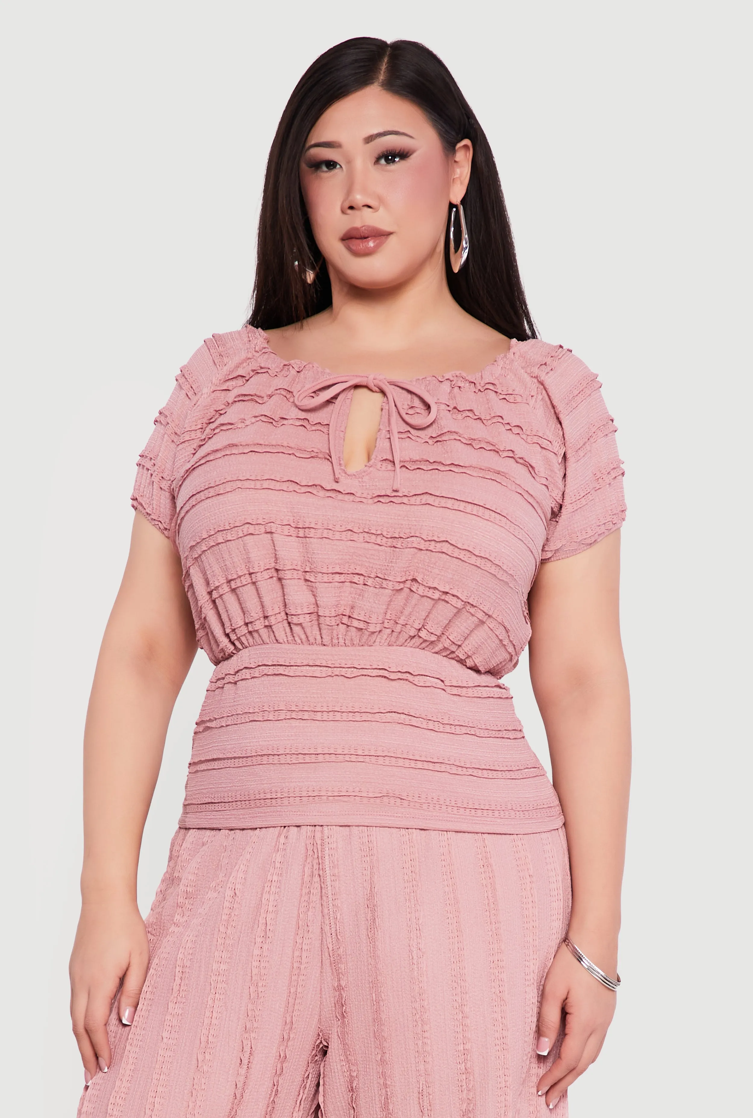 Plus Size Tie Front Keyhole Cinched Waist Ruffle Blouse sold by Rainbow