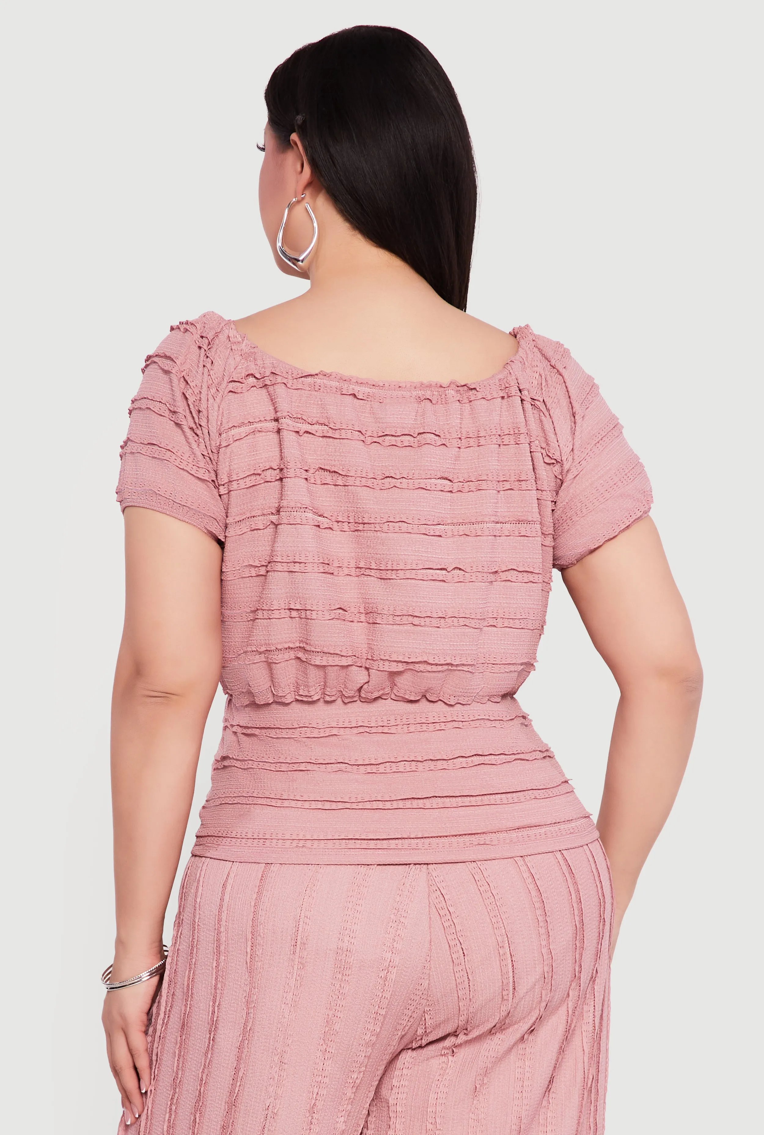 Plus Size Tie Front Keyhole Cinched Waist Ruffle Blouse sold by Rainbow product image thumbnail 5