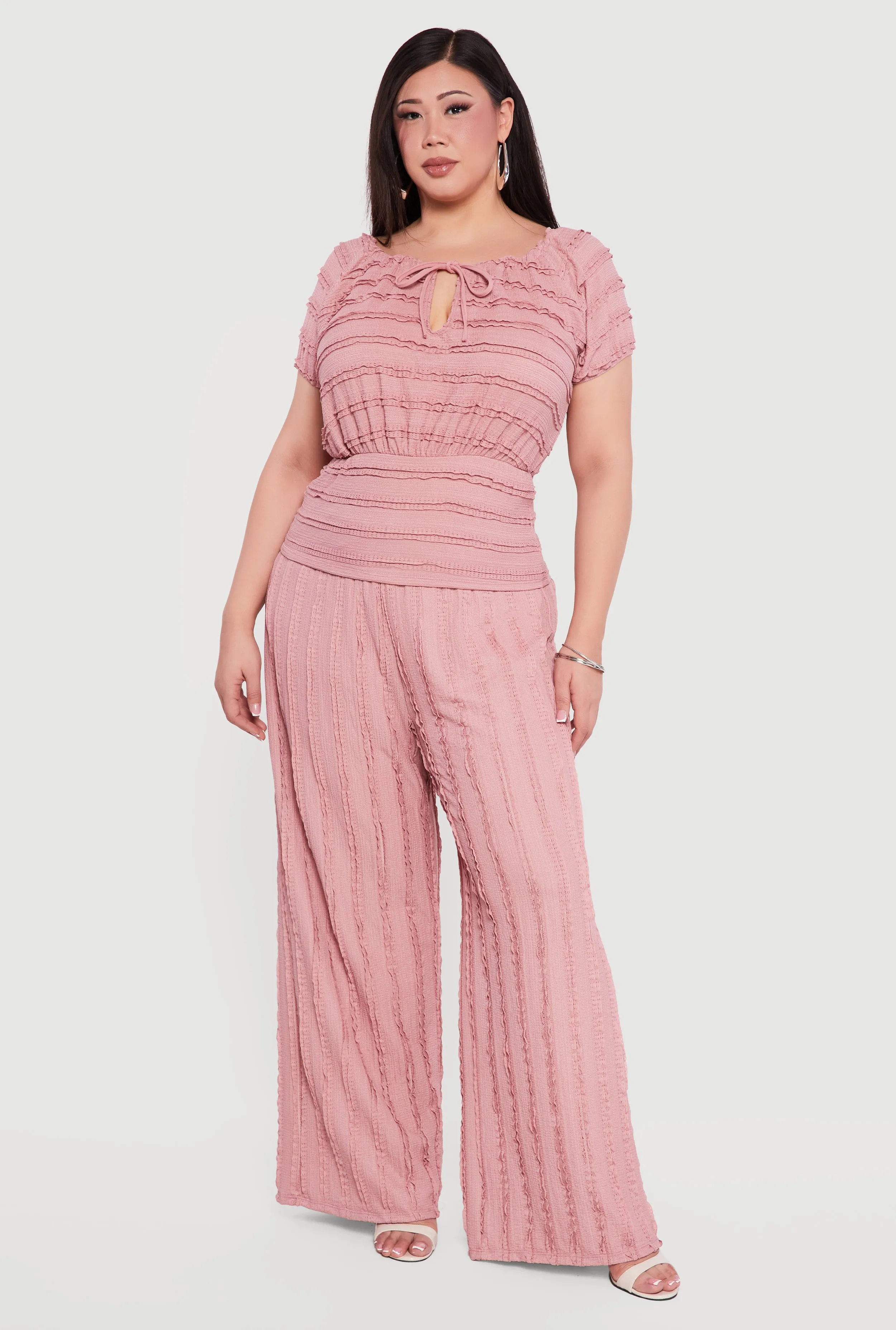 Plus Size Tie Front Keyhole Cinched Waist Ruffle Blouse sold by Rainbow product image thumbnail 2