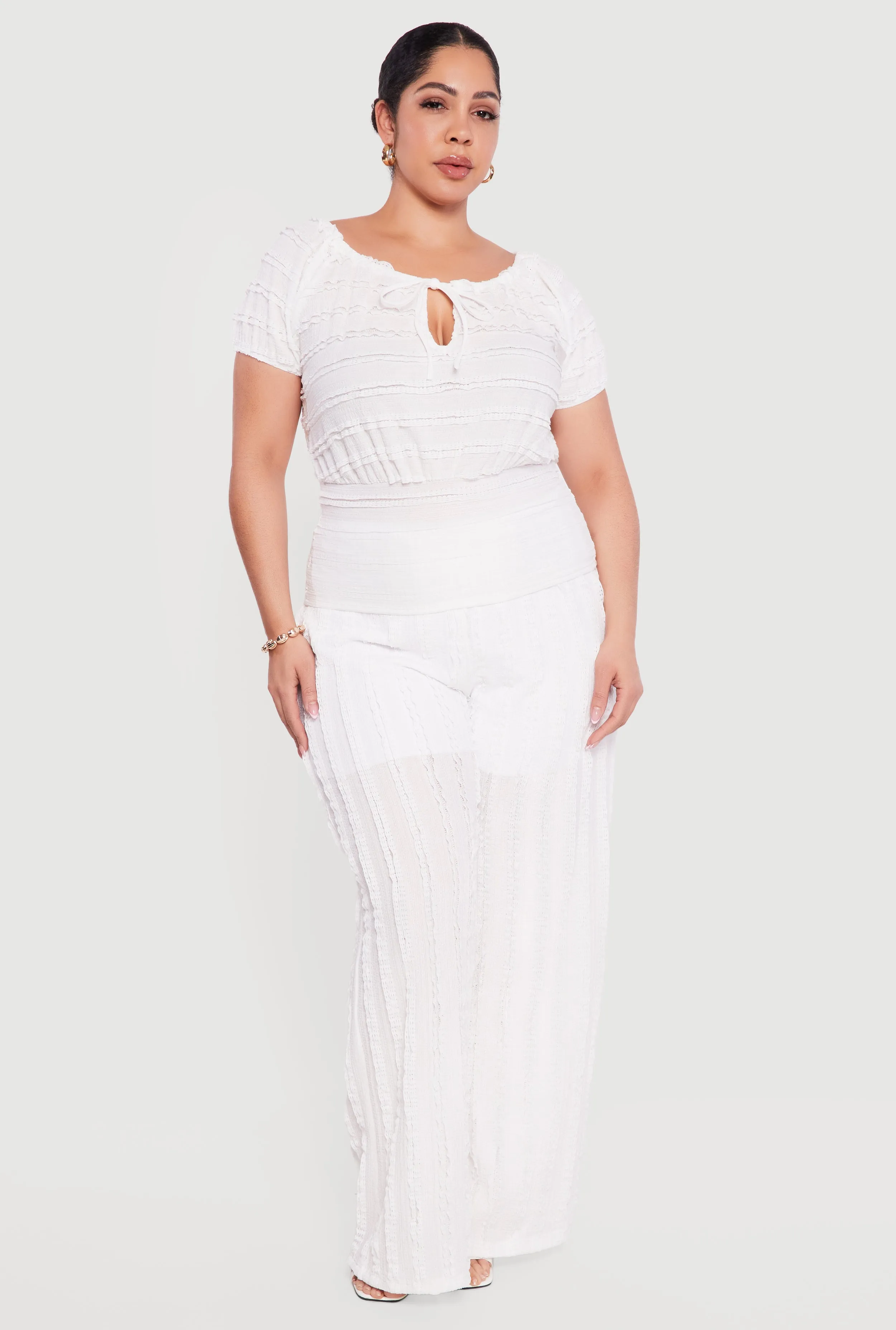 Plus Size Tie Front Keyhole Cinched Waist Ruffle Blouse sold by Rainbow product image thumbnail 2