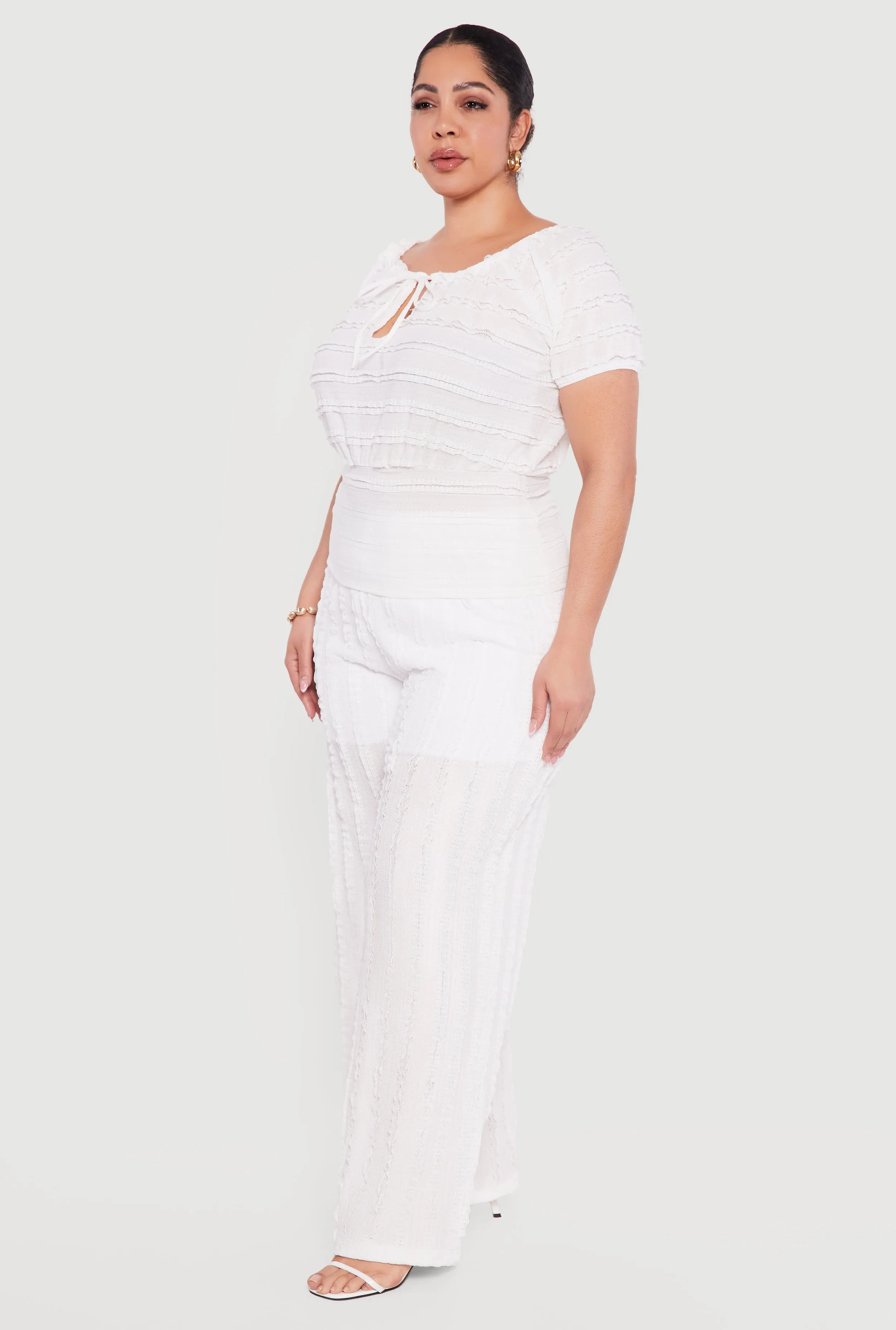 Plus Size Tie Front Keyhole Cinched Waist Ruffle Blouse sold by Rainbow product image thumbnail 3