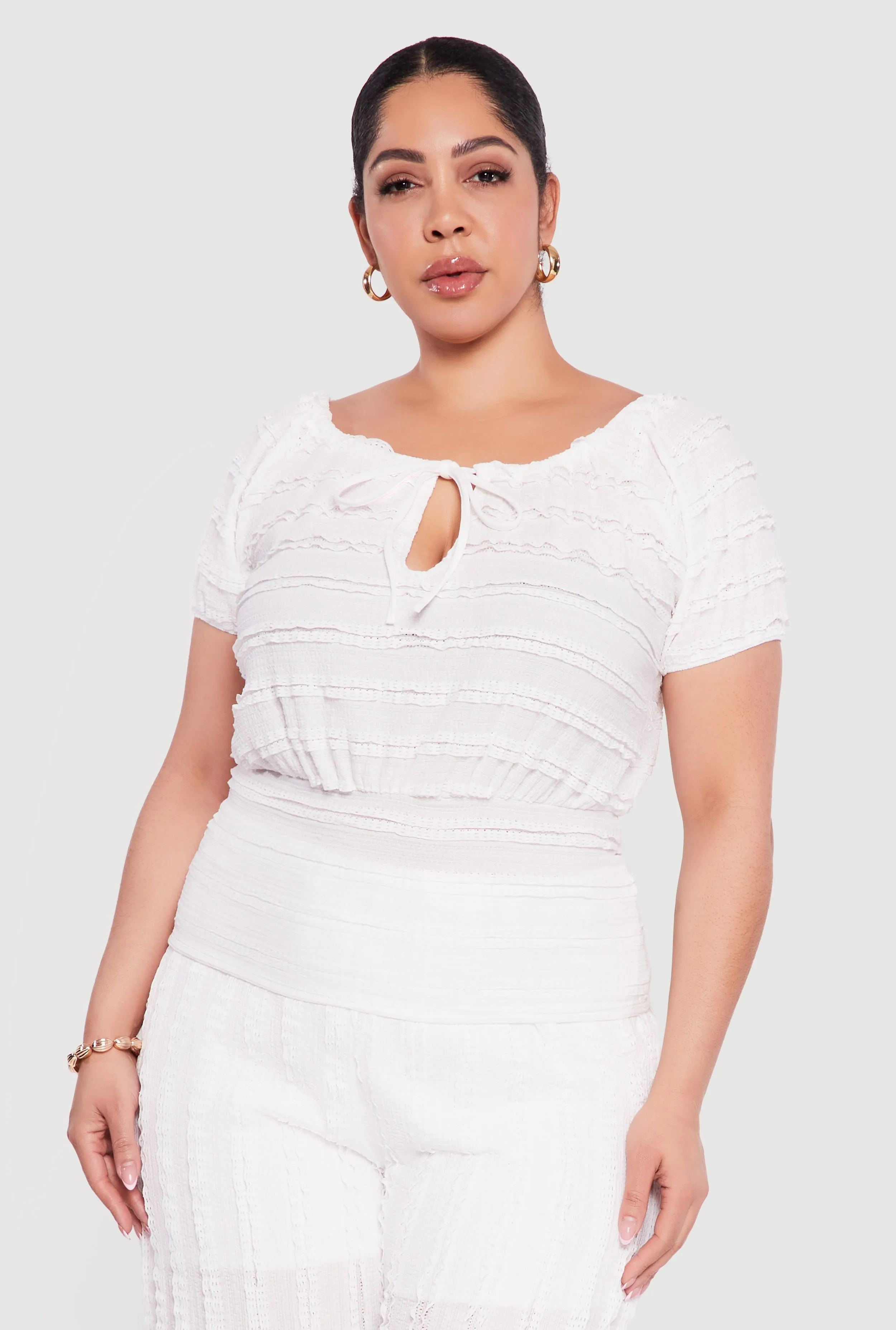 Plus Size Tie Front Keyhole Cinched Waist Ruffle Blouse sold by Rainbow