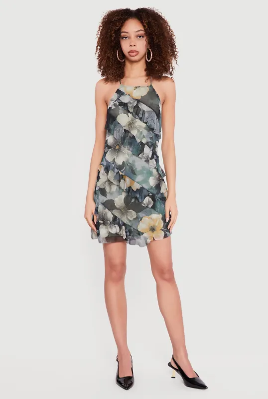Floral Mesh Ruffle Trim Halter Mini Dress sold by Rainbow