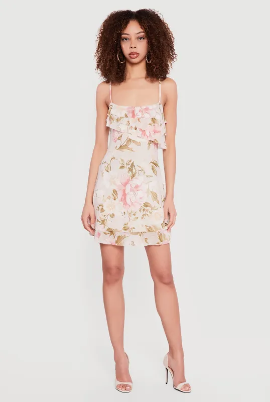 Floral Mesh Ruffle Tiered Cami Mini Dress sold by Rainbow
