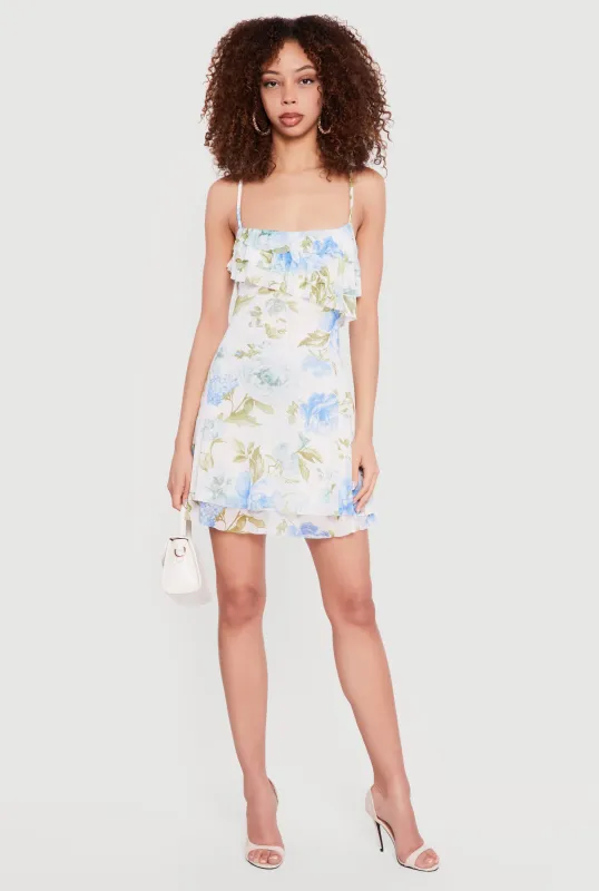 Floral Mesh Ruffle Tiered Cami Mini Dress sold by Rainbow