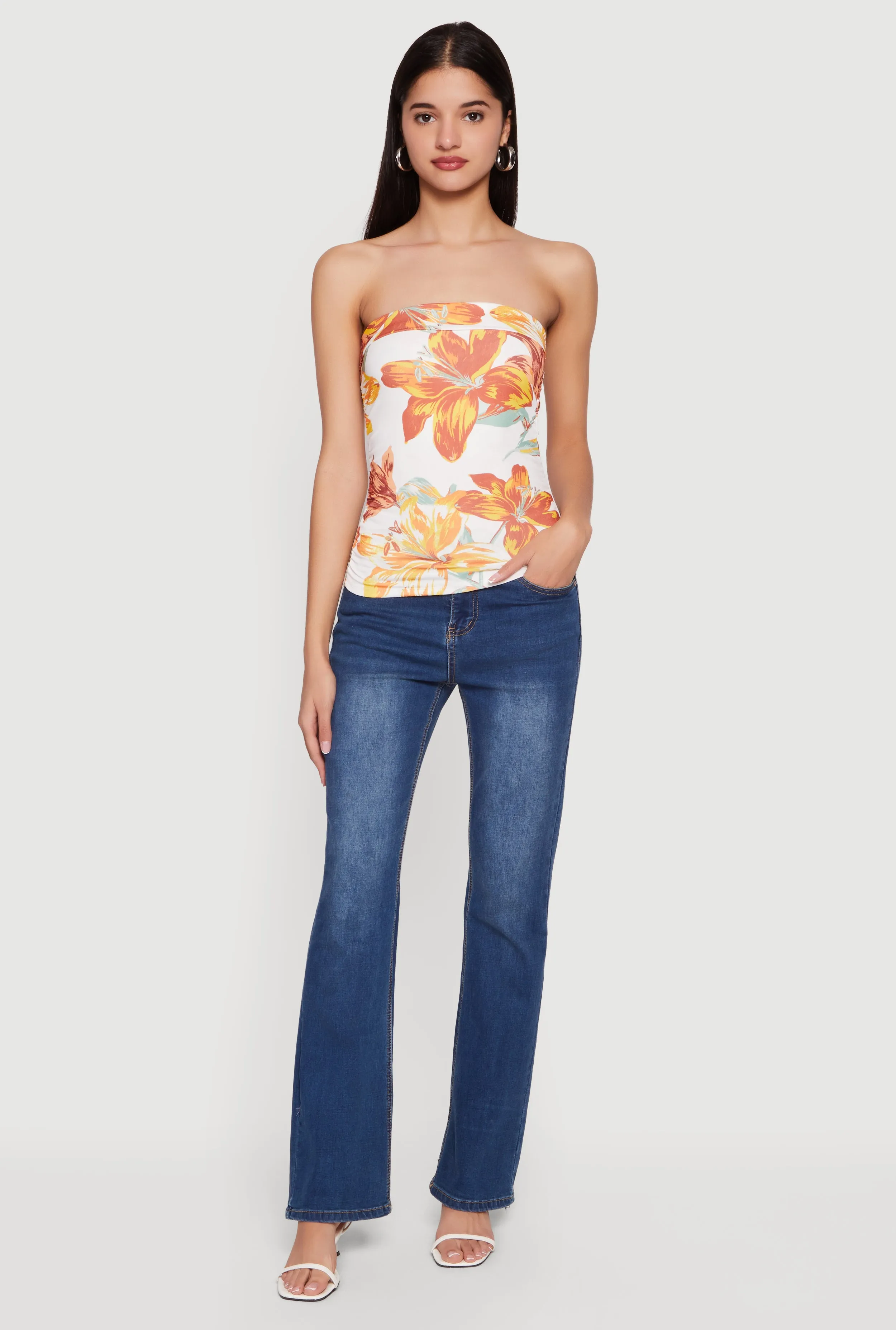 Patterned Ruched Side Tube Top sold by Rainbow