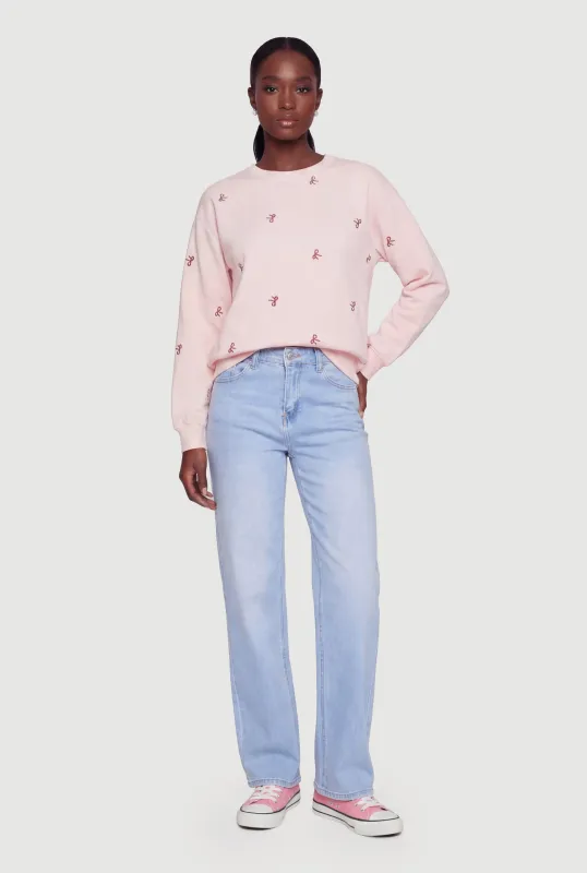 Embroidered Bow Long Sleeve Crew Neck Pullover Sweatshirt made by iris