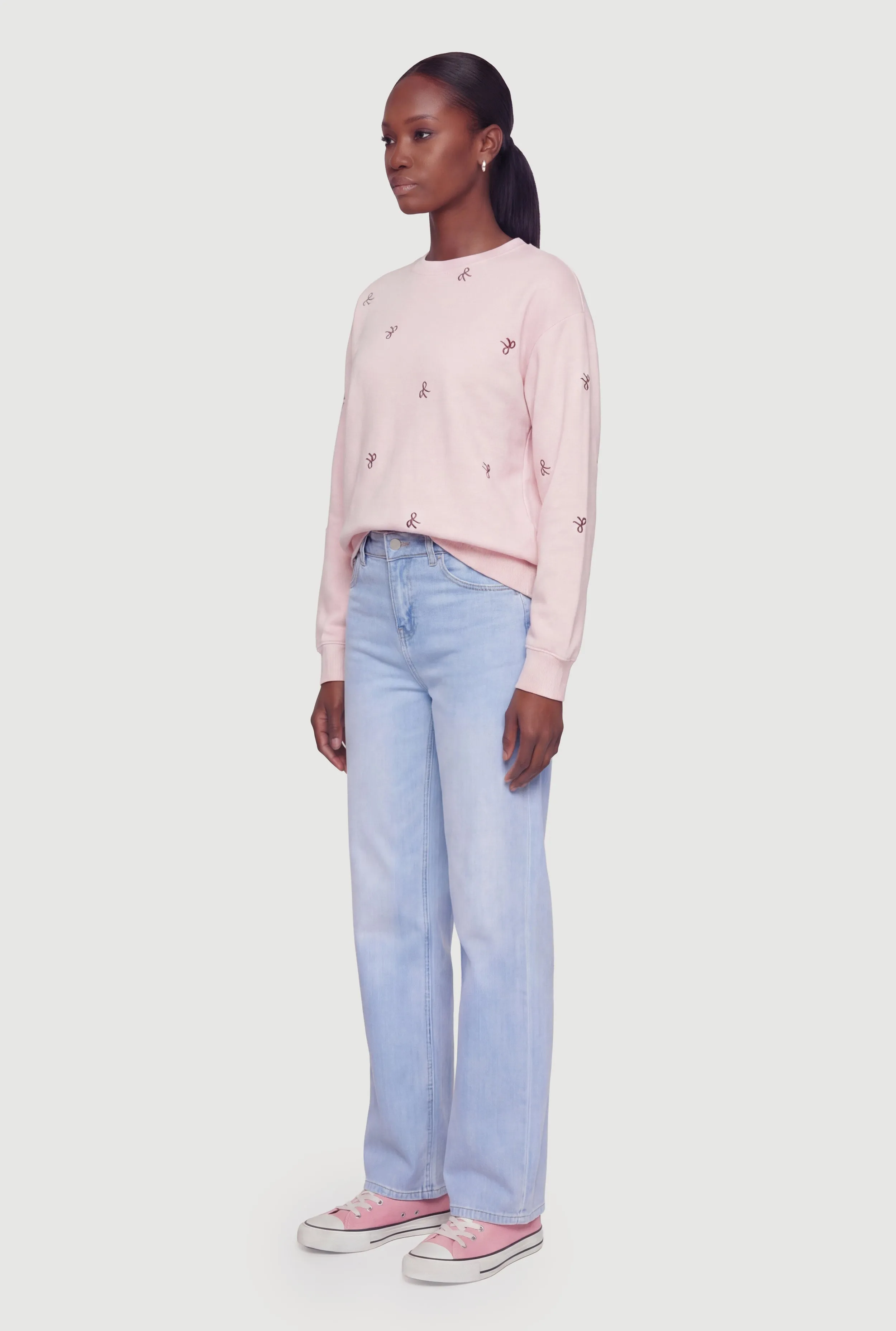 Embroidered Bow Long Sleeve Crew Neck Pullover Sweatshirt sold by Rainbow product image thumbnail 3