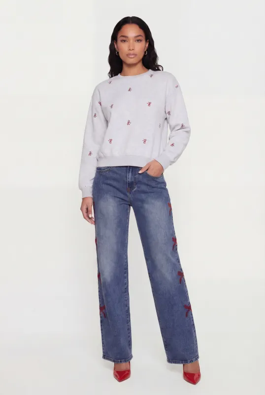 Embroidered Bow Long Sleeve Crew Neck Pullover Sweatshirt made by iris