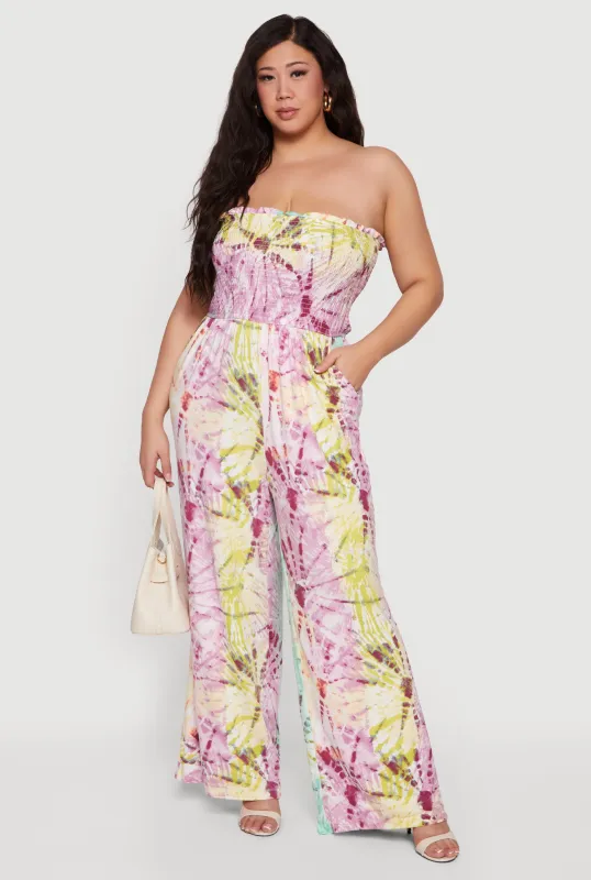 Plus Size Tie Dye Patterned Smocked Tube Jumpsuit sold by Rainbow