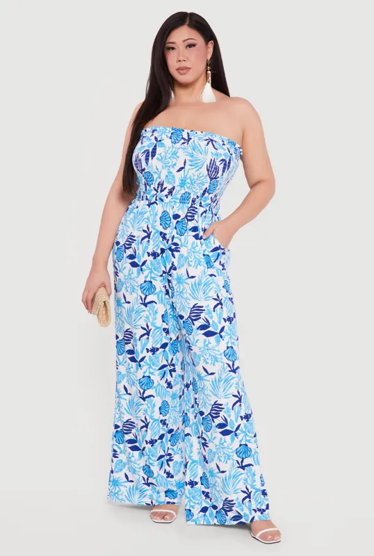 Plus Size Patterned Smocked Tube Jumpsuit sold by Rainbow