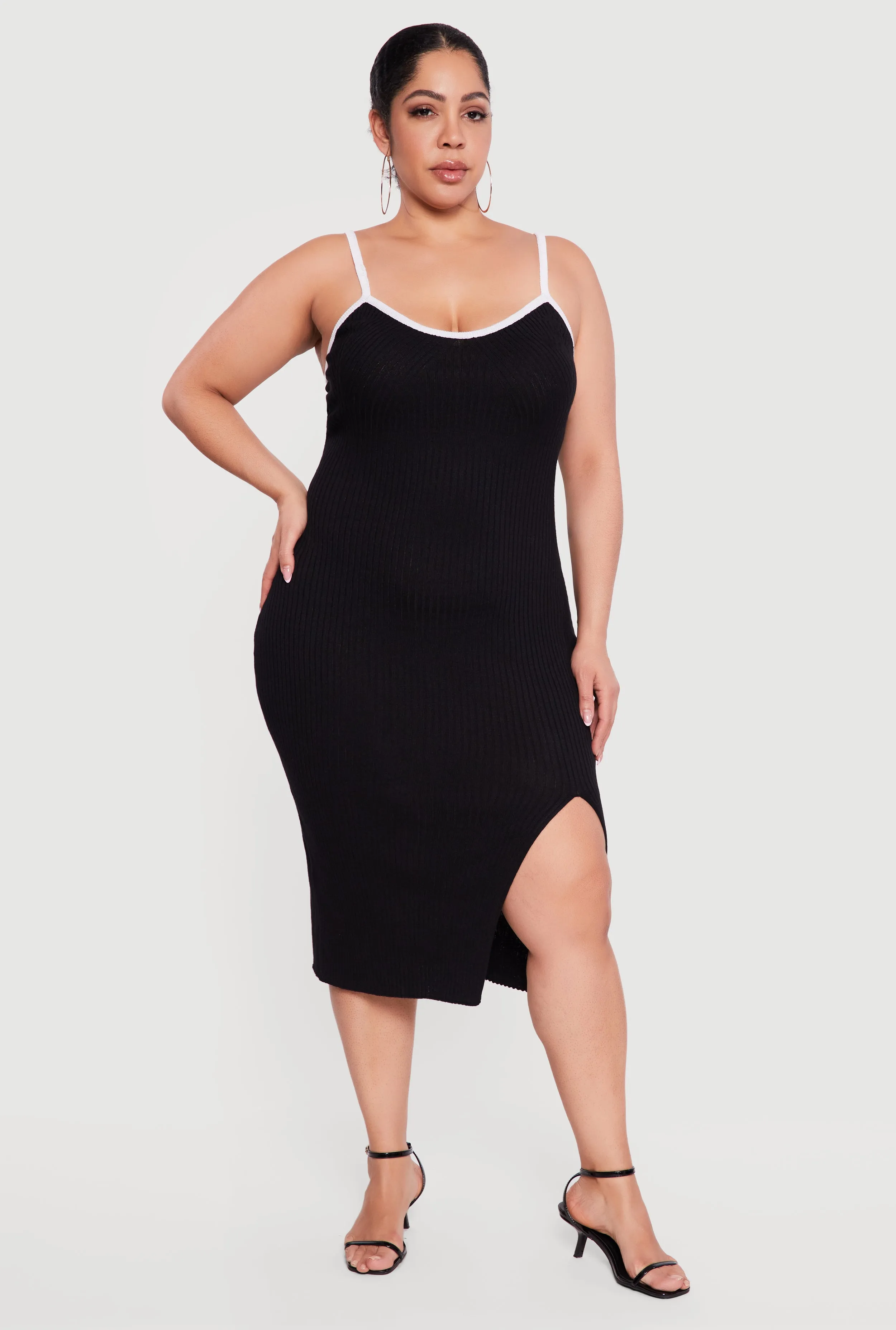 Plus Size Contrast Trim Rib Knit Cami Midi Dress sold by Rainbow