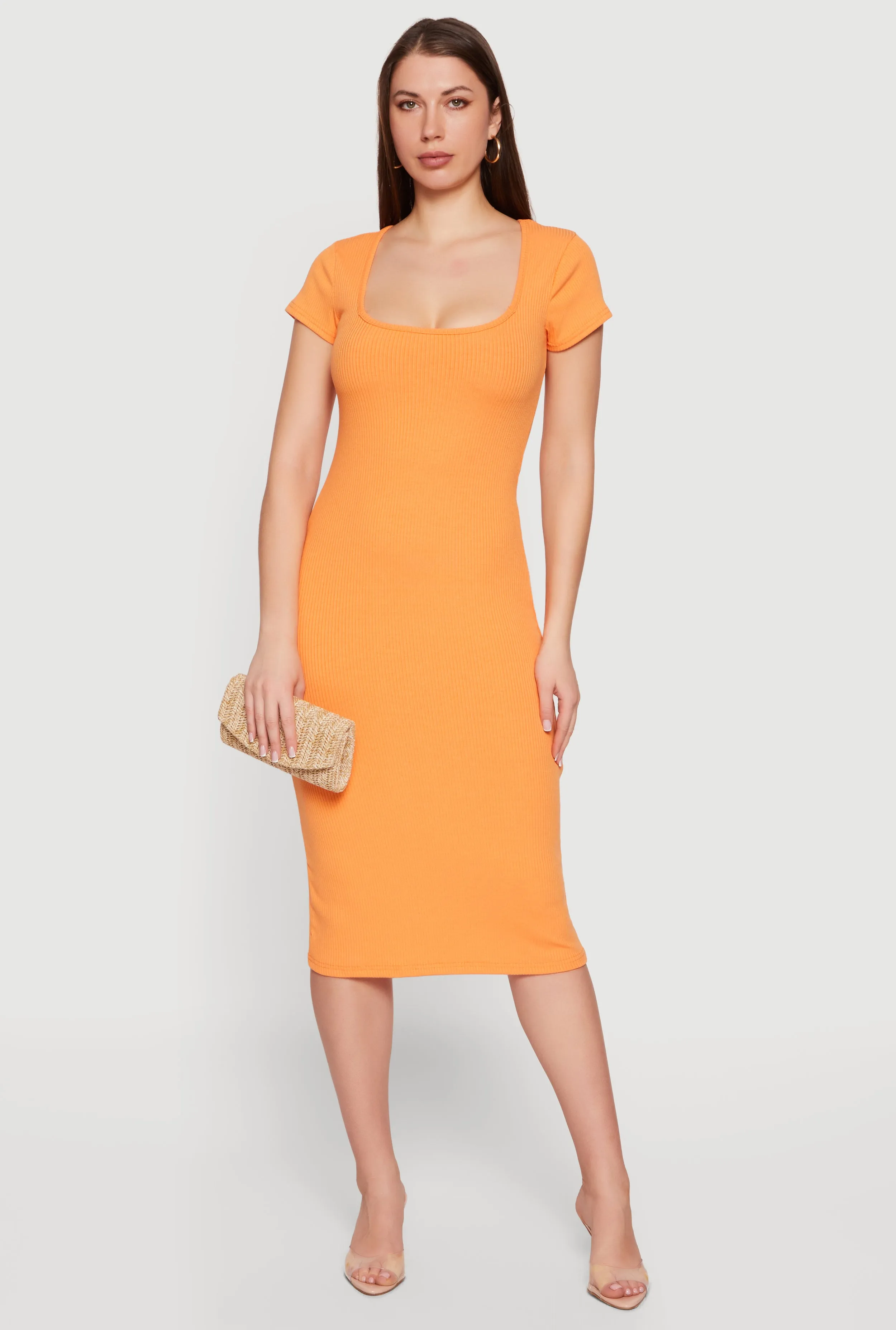 Rib Knit Short Sleeve Square Neck Midi Dress sold by Rainbow product image thumbnail 4