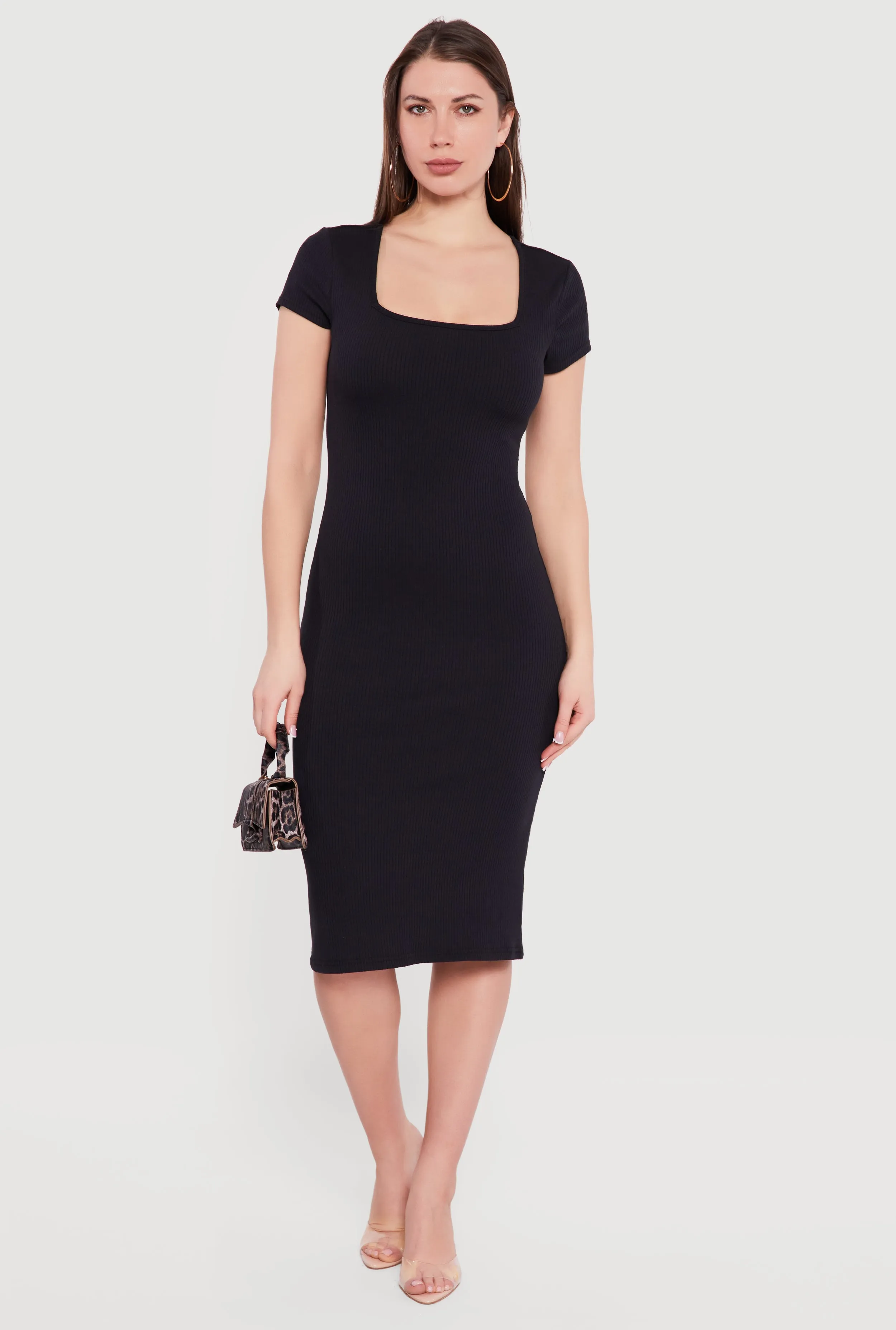 Rib Knit Short Sleeve Square Neck Midi Dress sold by Rainbow product image thumbnail 2