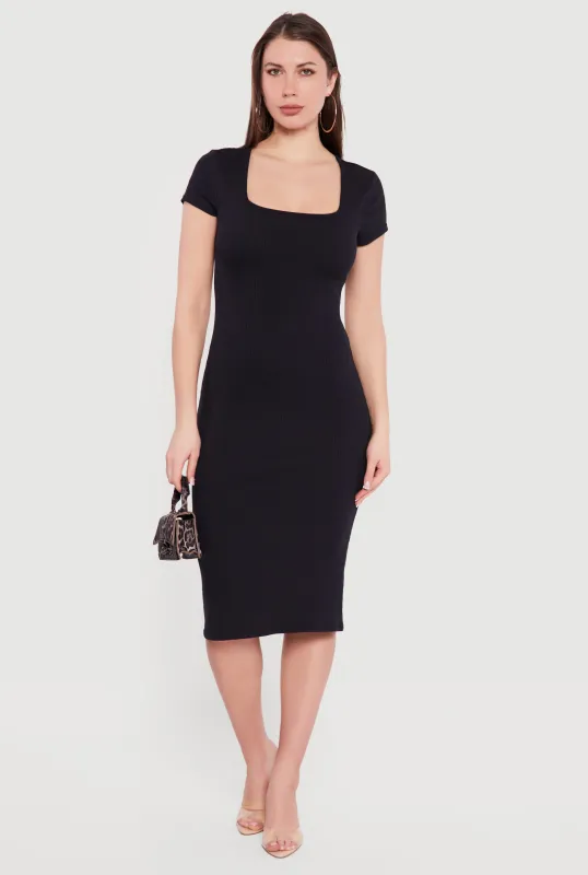 Rib Knit Short Sleeve Square Neck Midi Dress sold by Rainbow