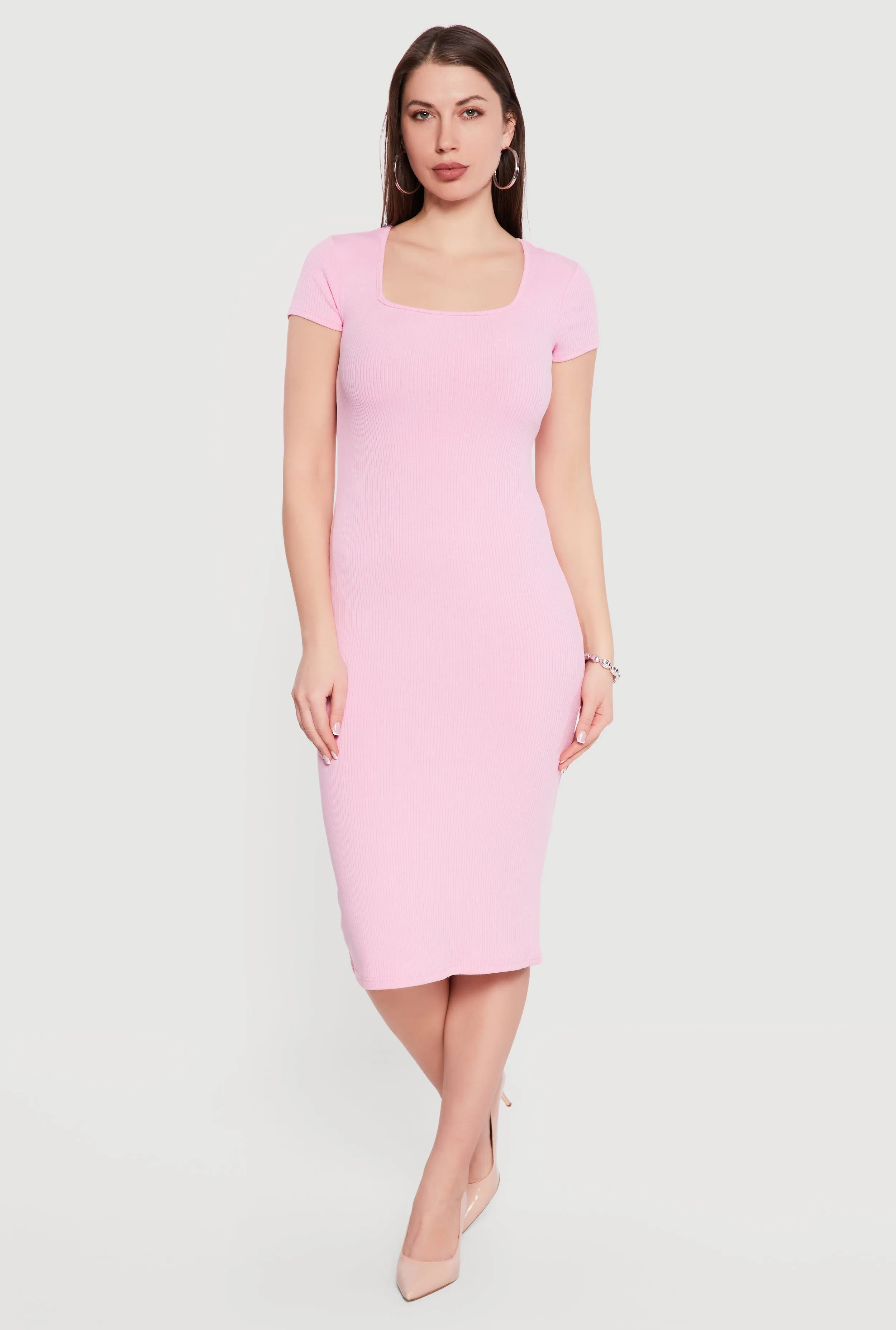 Rib Knit Short Sleeve Square Neck Midi Dress sold by Rainbow