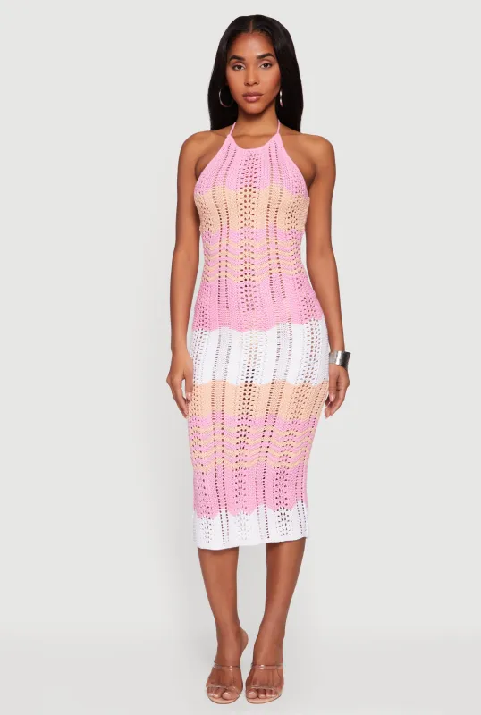 Chevron Stripe Crochet Halter Midi Dress sold by Rainbow