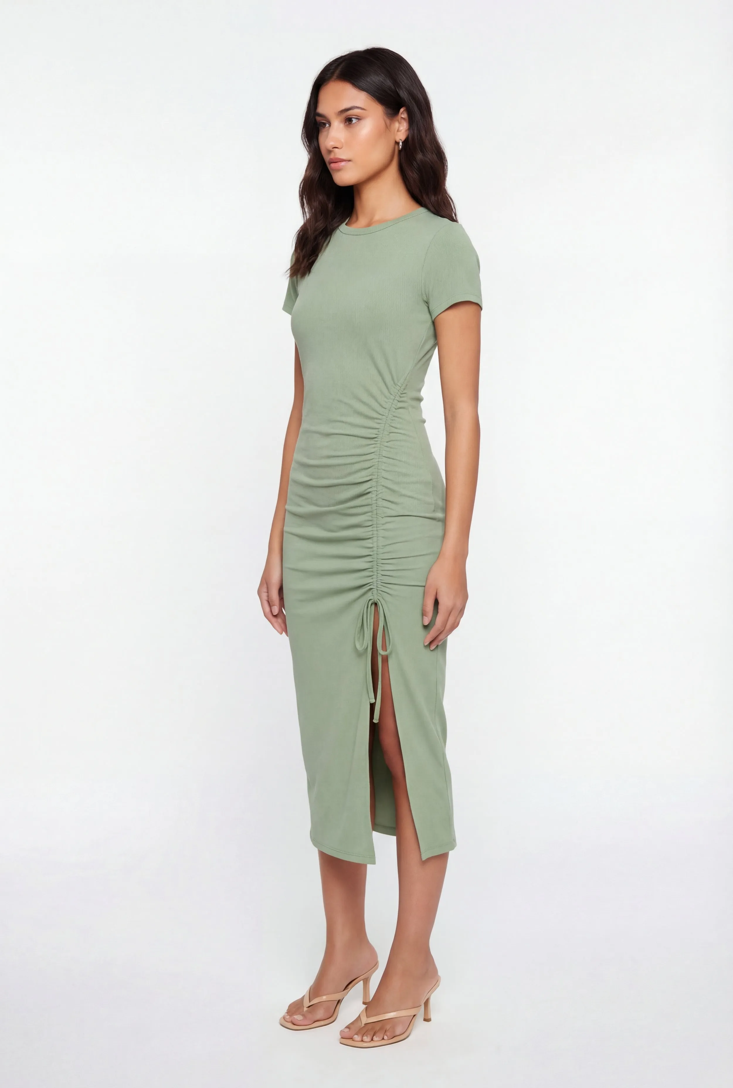 Solid Ruched Drawstring Side Slit Midi Dress sold by Rainbow product image thumbnail 2
