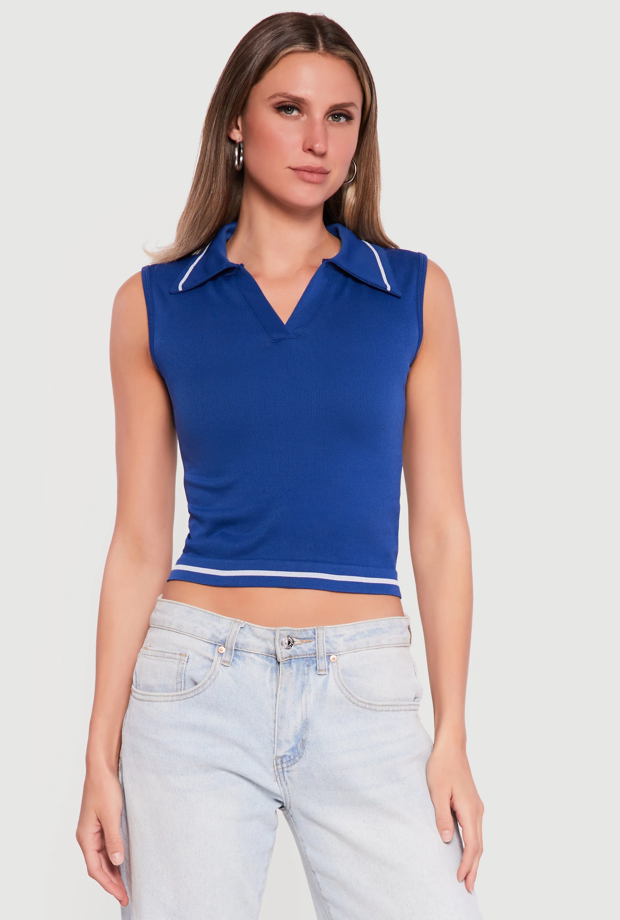 Seamless Rib Knit Sleeveless Polo Crop Top sold by Rainbow product image thumbnail 2