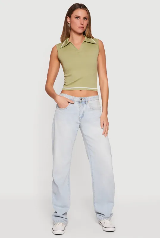 Seamless Rib Knit Sleeveless Polo Crop Top sold by Rainbow