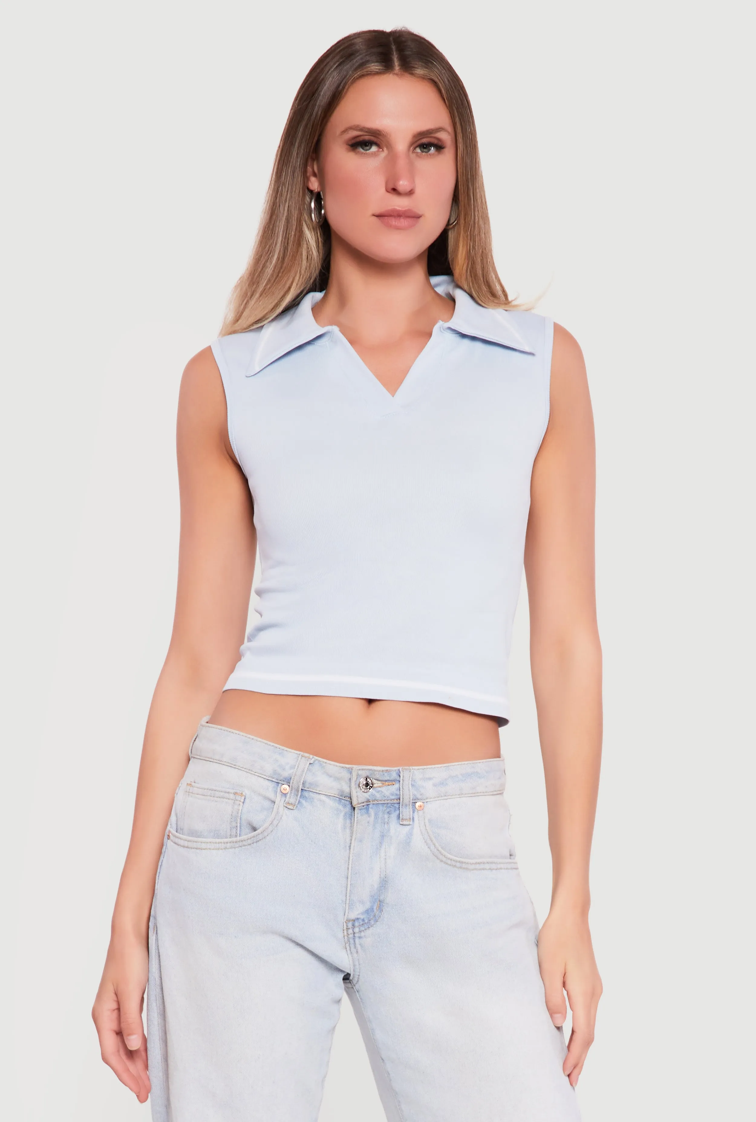 Seamless Rib Knit Sleeveless Polo Crop Top sold by Rainbow product image thumbnail 2