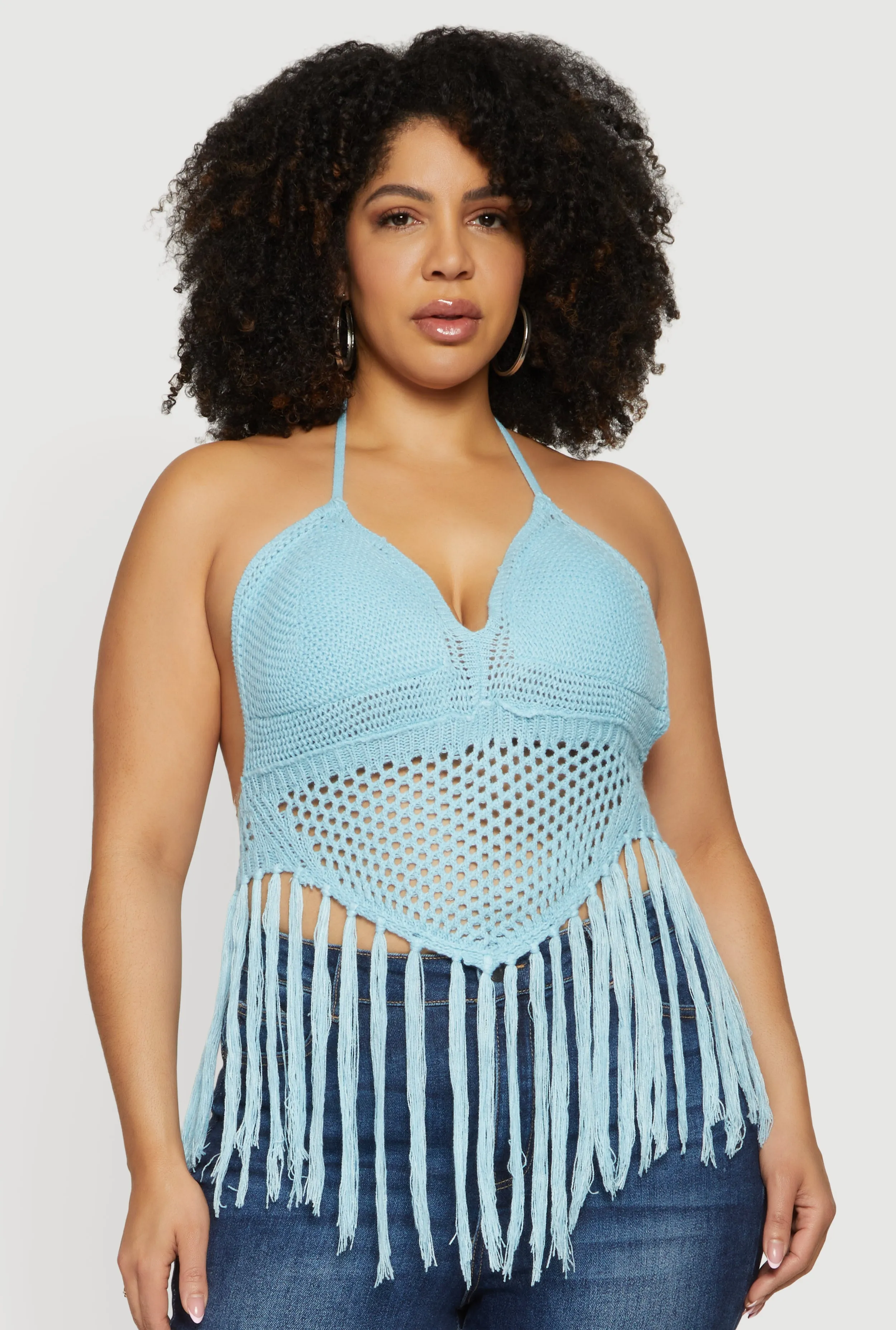 Plus Size Crochet Tie Back Fringe Halter Top sold by Rainbow product image thumbnail 2