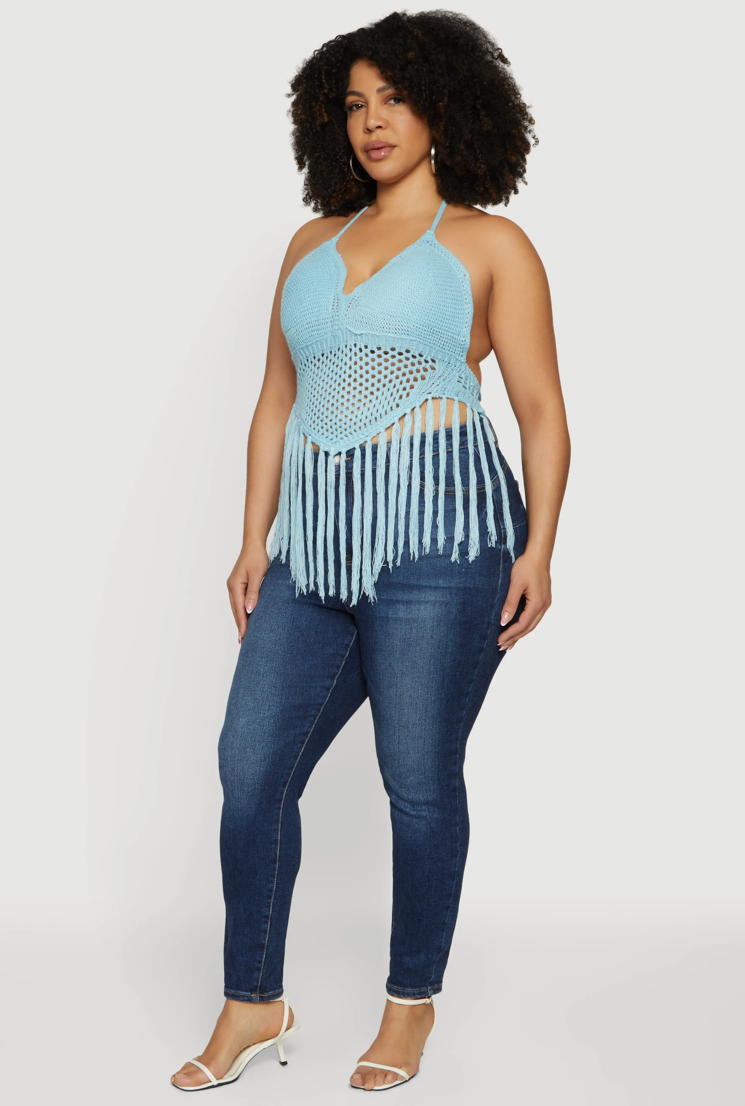 Plus Size Crochet Tie Back Fringe Halter Top sold by Rainbow product image thumbnail 3
