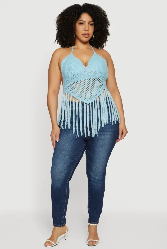 Plus Size Crochet Tie Back Fringe Halter Top sold by Rainbow