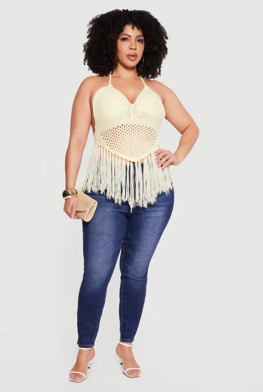 Plus Size Crochet Tie Back Fringe Halter Top sold by Rainbow
