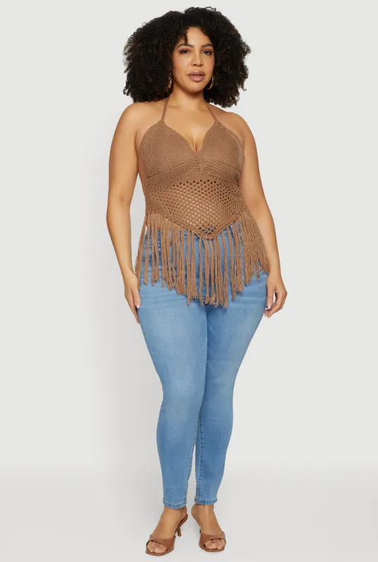 Plus Size Crochet Tie Back Fringe Halter Top sold by Rainbow