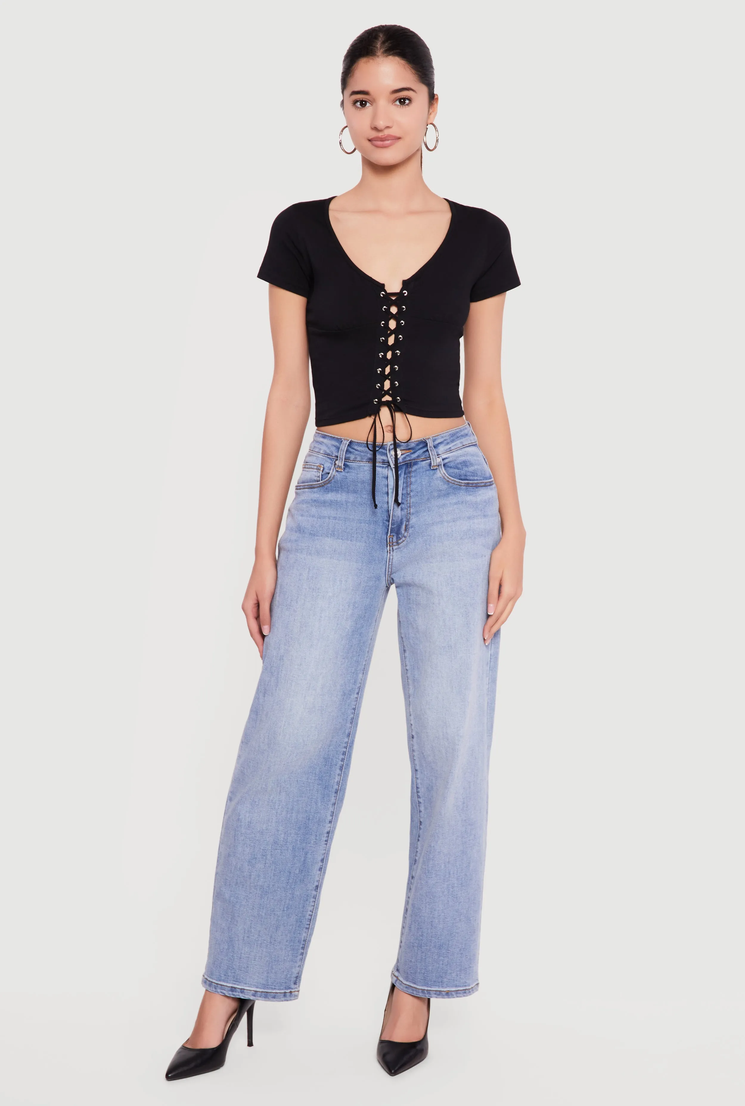 Lace Up Front Short Sleeve V-Neck Crop Top sold by Rainbow