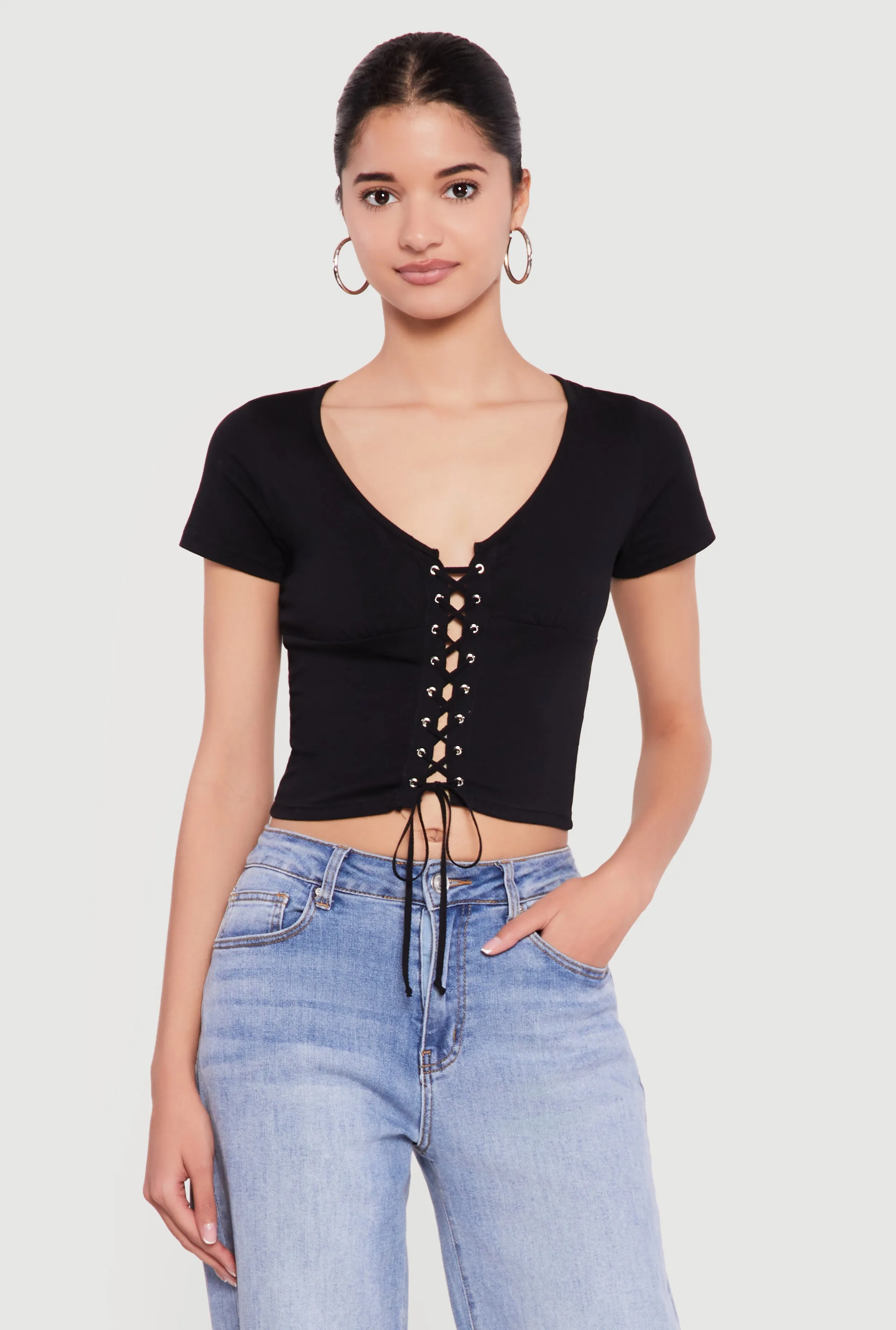 Lace Up Front Short Sleeve V-Neck Crop Top sold by Rainbow product image thumbnail 2