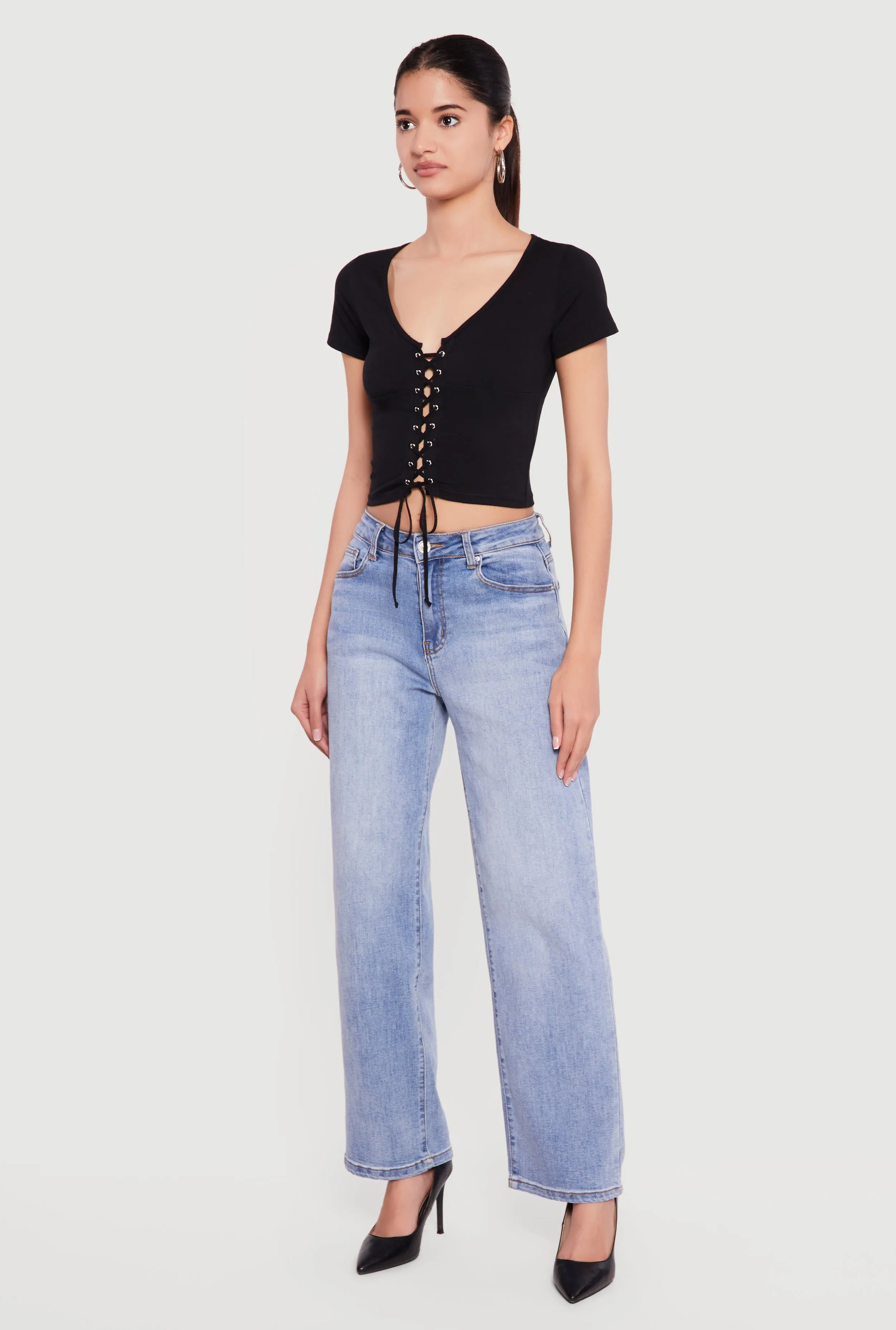 Lace Up Front Short Sleeve V-Neck Crop Top sold by Rainbow product image thumbnail 3