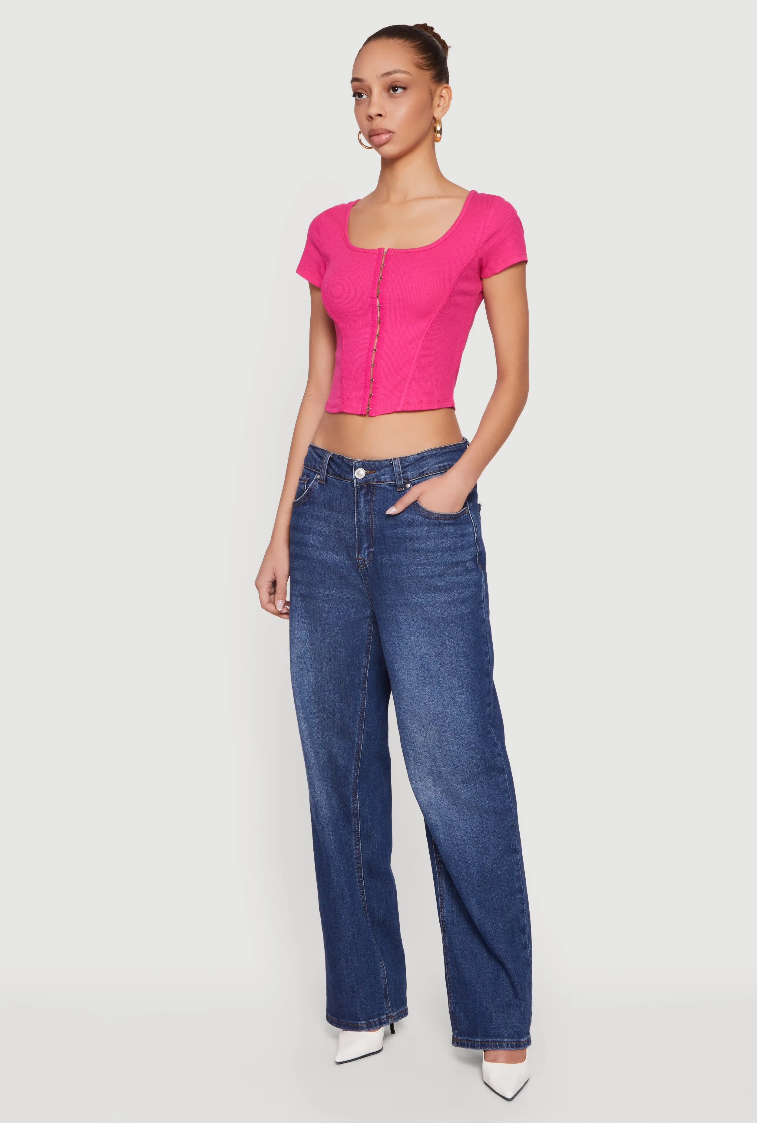 Rib Knit Hook and Eye Front Corset Crop Top sold by Rainbow product image thumbnail 3