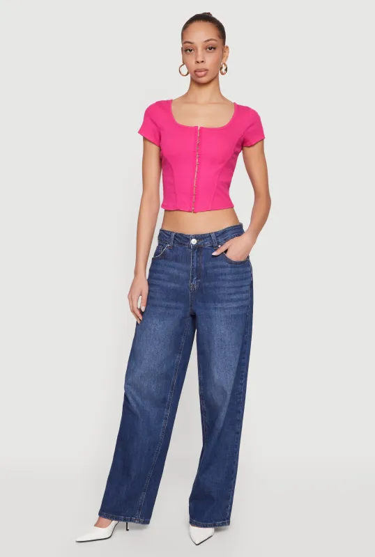 Rib Knit Hook and Eye Front Corset Crop Top sold by Rainbow