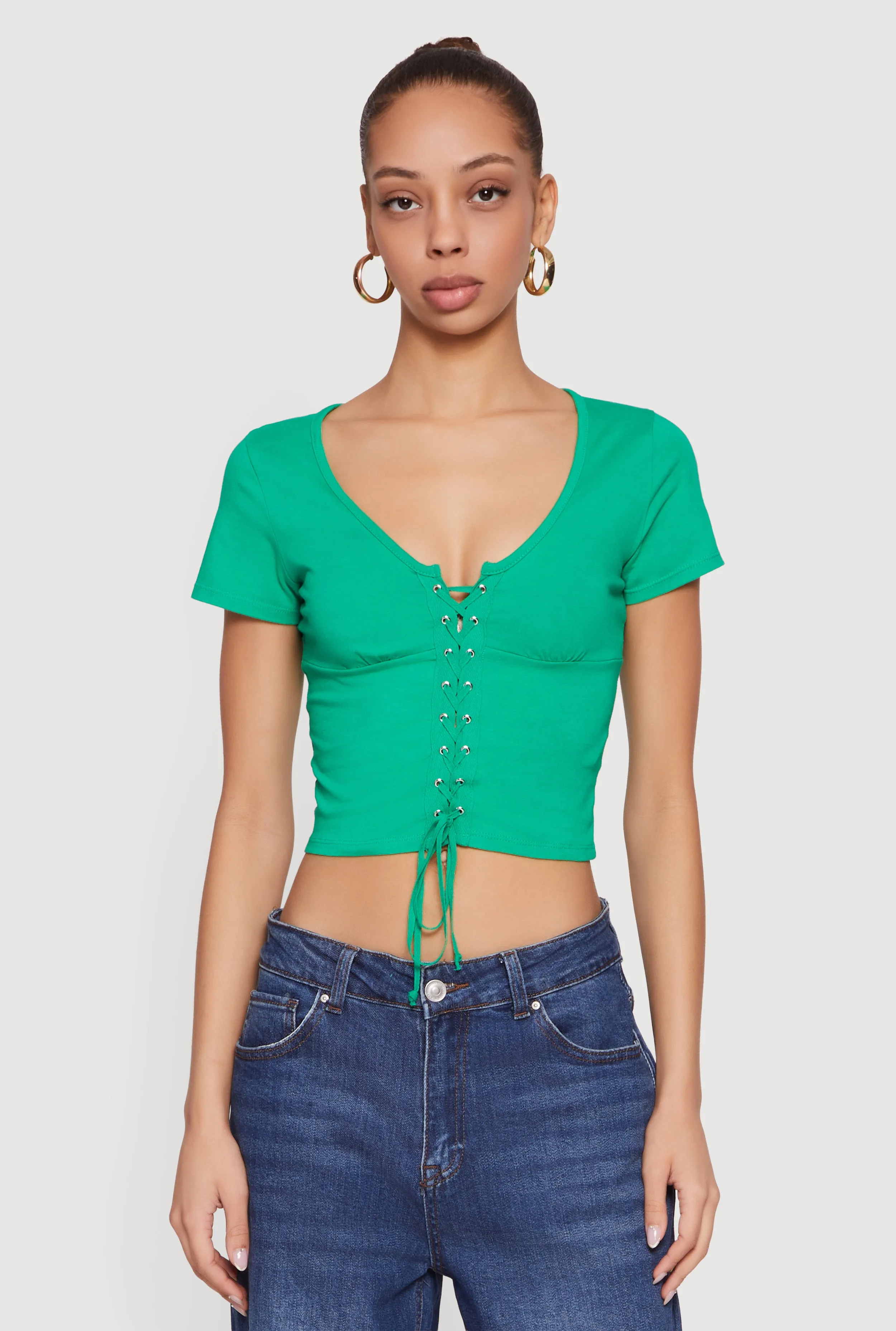 Lace Up Front Short Sleeve V-Neck Crop Top sold by Rainbow product image thumbnail 2
