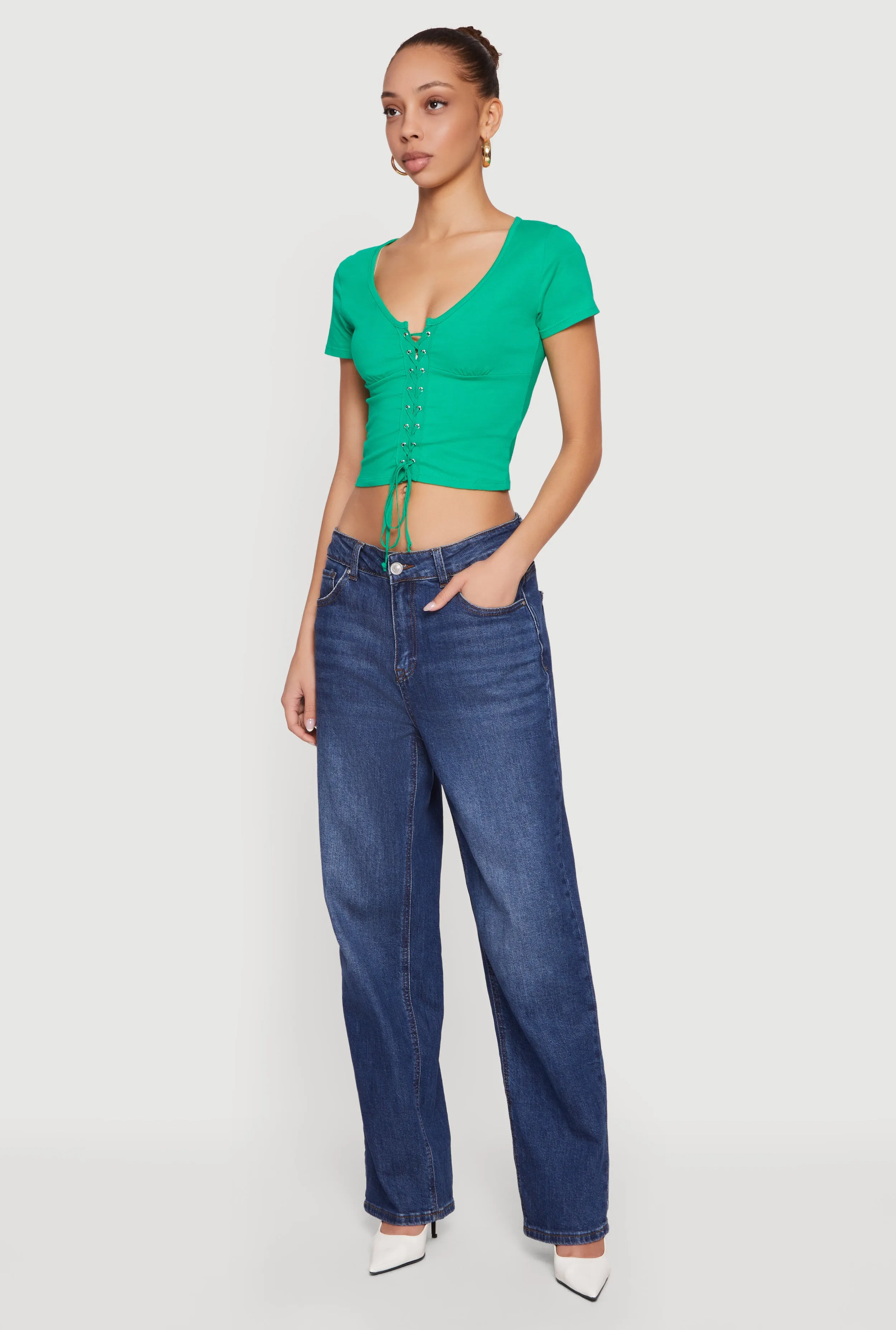 Lace Up Front Short Sleeve V-Neck Crop Top sold by Rainbow product image thumbnail 3